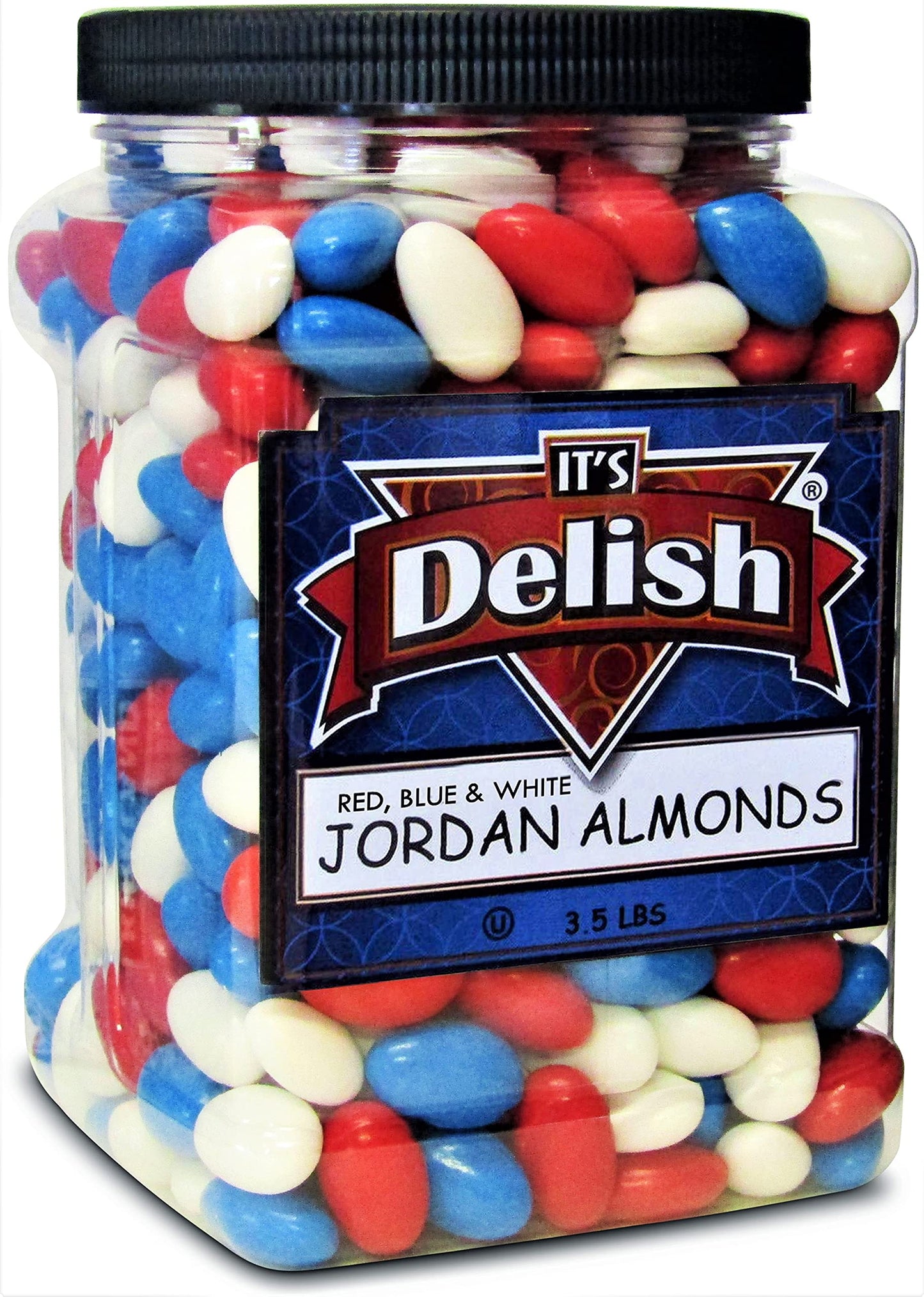 Patriotic Jordan Almonds Medley by Its Delish, 3.5 lbs Jumbo Container | Red White and Blue Candied Almonds | Fourth of July Par