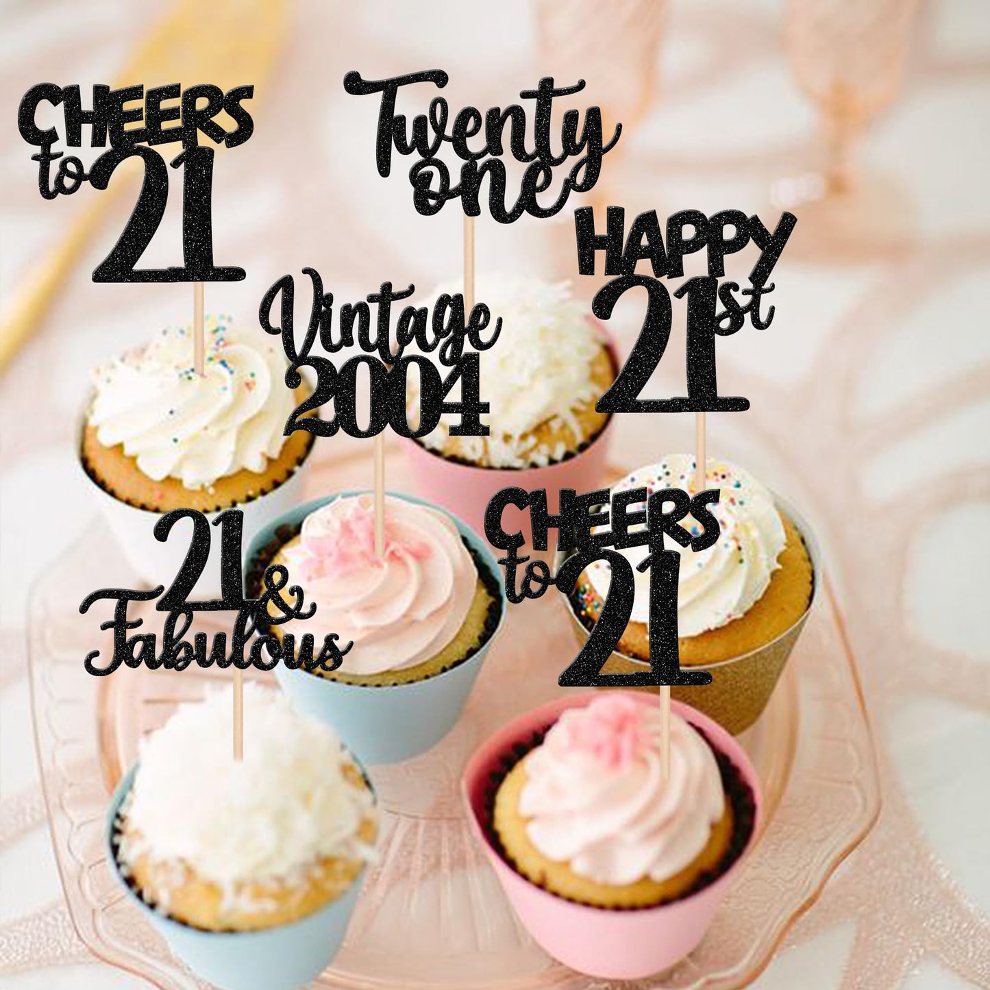 30Pcs Happy 21St Birthday Cupcake Toppers Glitter Twenty One Vintage 2002 Cupcake Picks 21 Fabulous Cheers To 21 Years Cake Deco