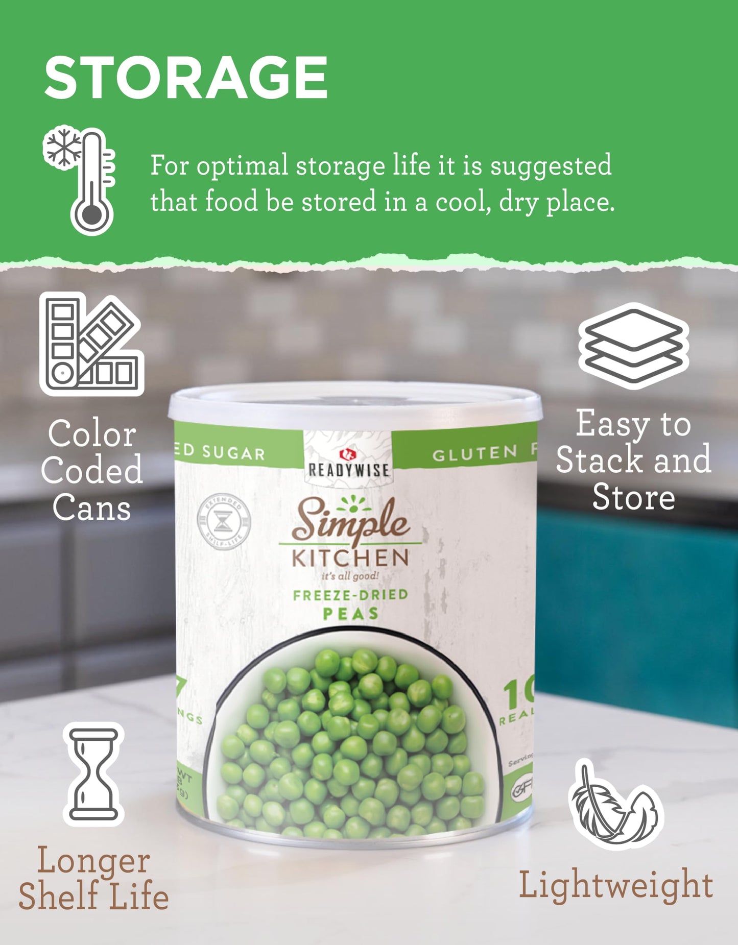 Simple Kitchen Freeze Dried Peas - 17 Servings For Family Meal Prep, Gluten Free & Dehydrated Just Add Water Canned Food, Emergency Survival Food For Camping Meals, Backpacking & Hiking, #10 Can