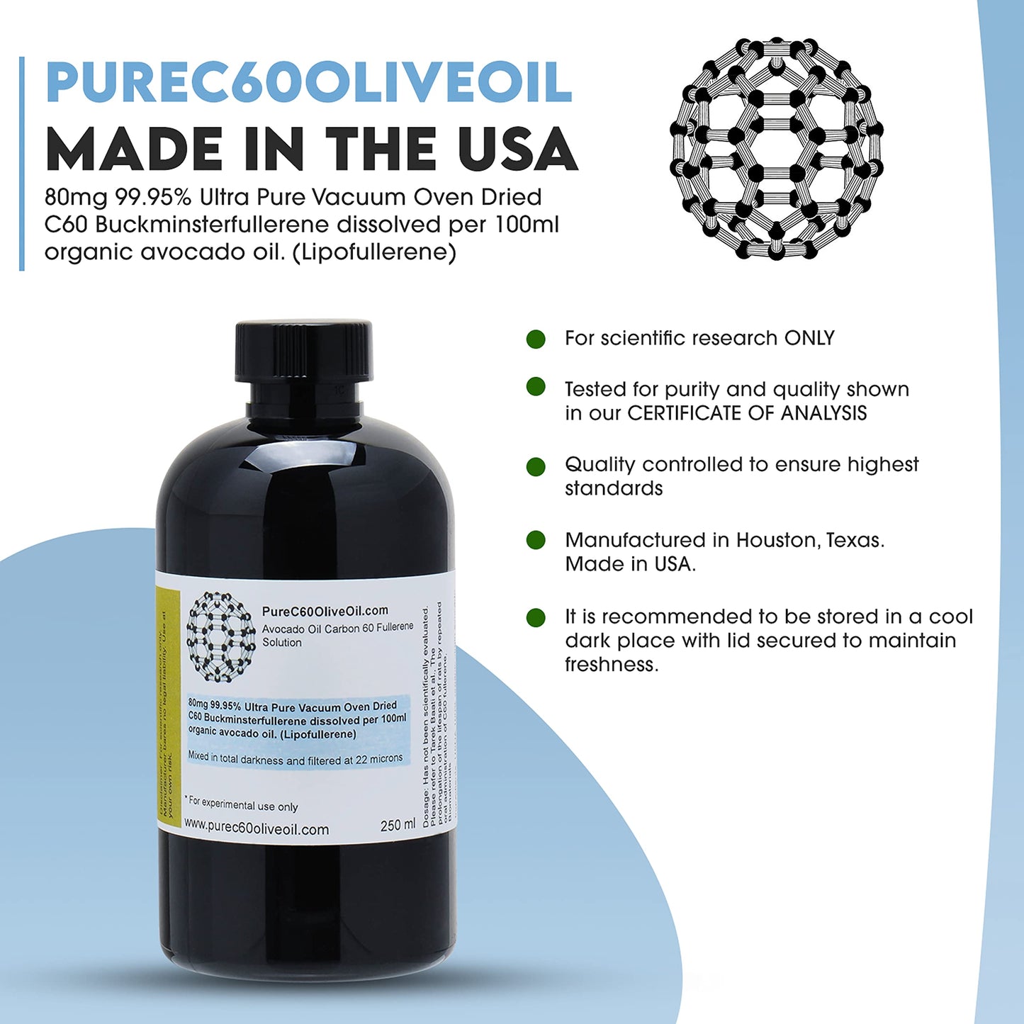 PureC60OliveOil Avocado Oil - 99.95% Carbon 60, Food Grade, 250ml / 8.5 Fl Oz, Plastic Bottle