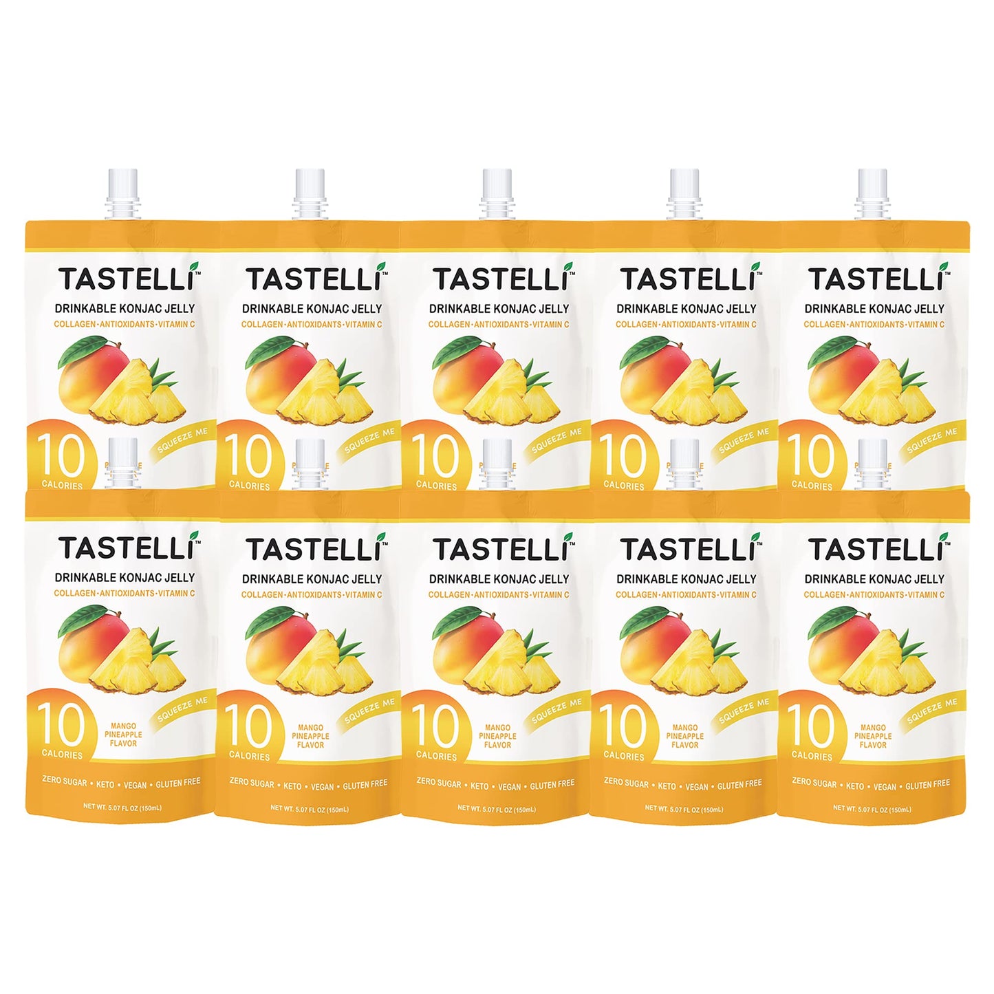 Tastelli Konjac Jelly Drink with Collagen & Vitamin C, 10 Cal, Vegan, Mango Pineapple, 150mL, Pack of 10 Pouches