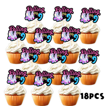 18Pcs Black Glitter Pink Roller Skates Dessert Cupcake Topper 80S 90S Retro Hip Hop Roller Skating Rolling Into 9 Theme Decor Su