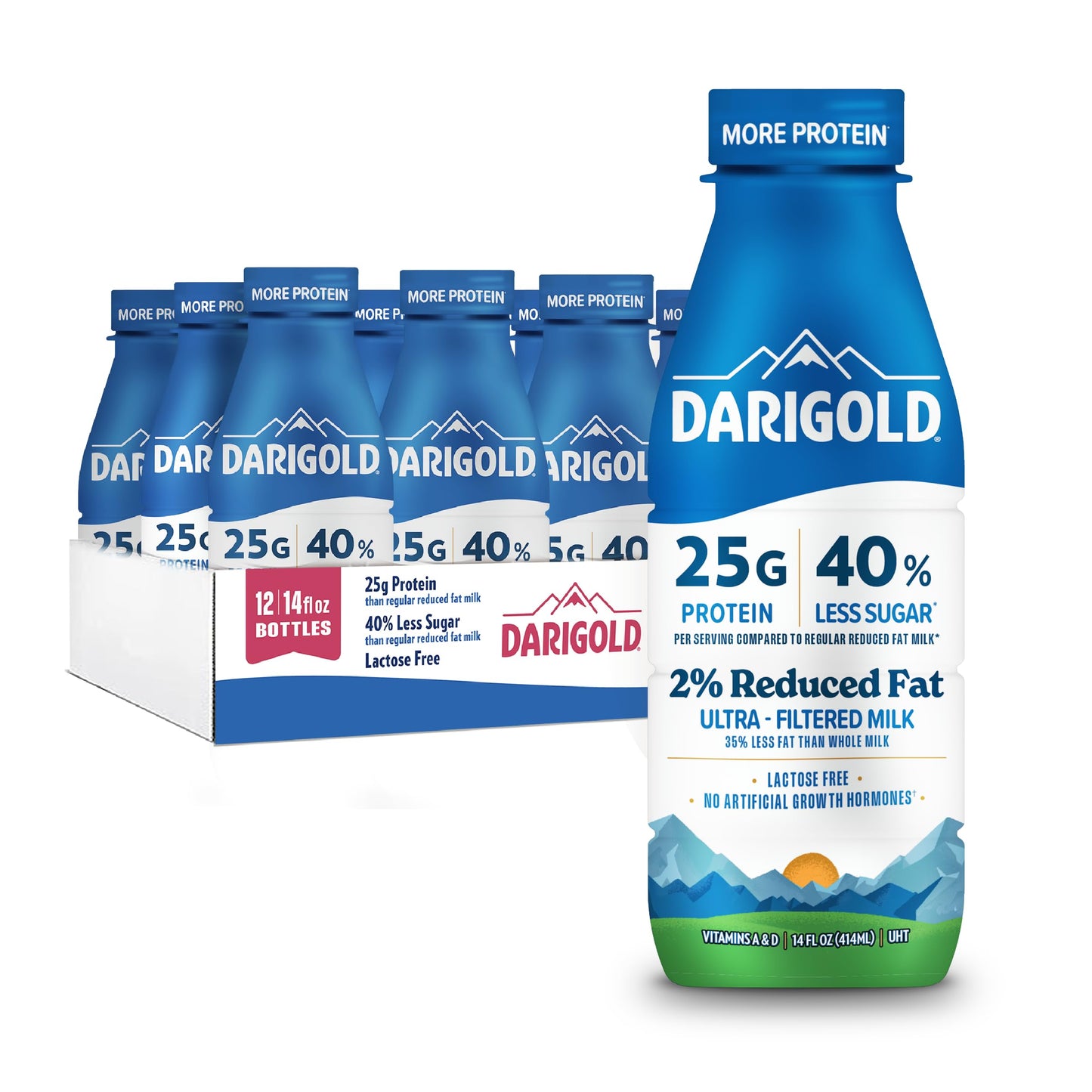 Darigold FIT High Protein Milk 2 Percent - Ultra-Filtered, Low Fat, Lactose Free - 25g Protein, 40% Less Sugar - 14oz Bottles, 1