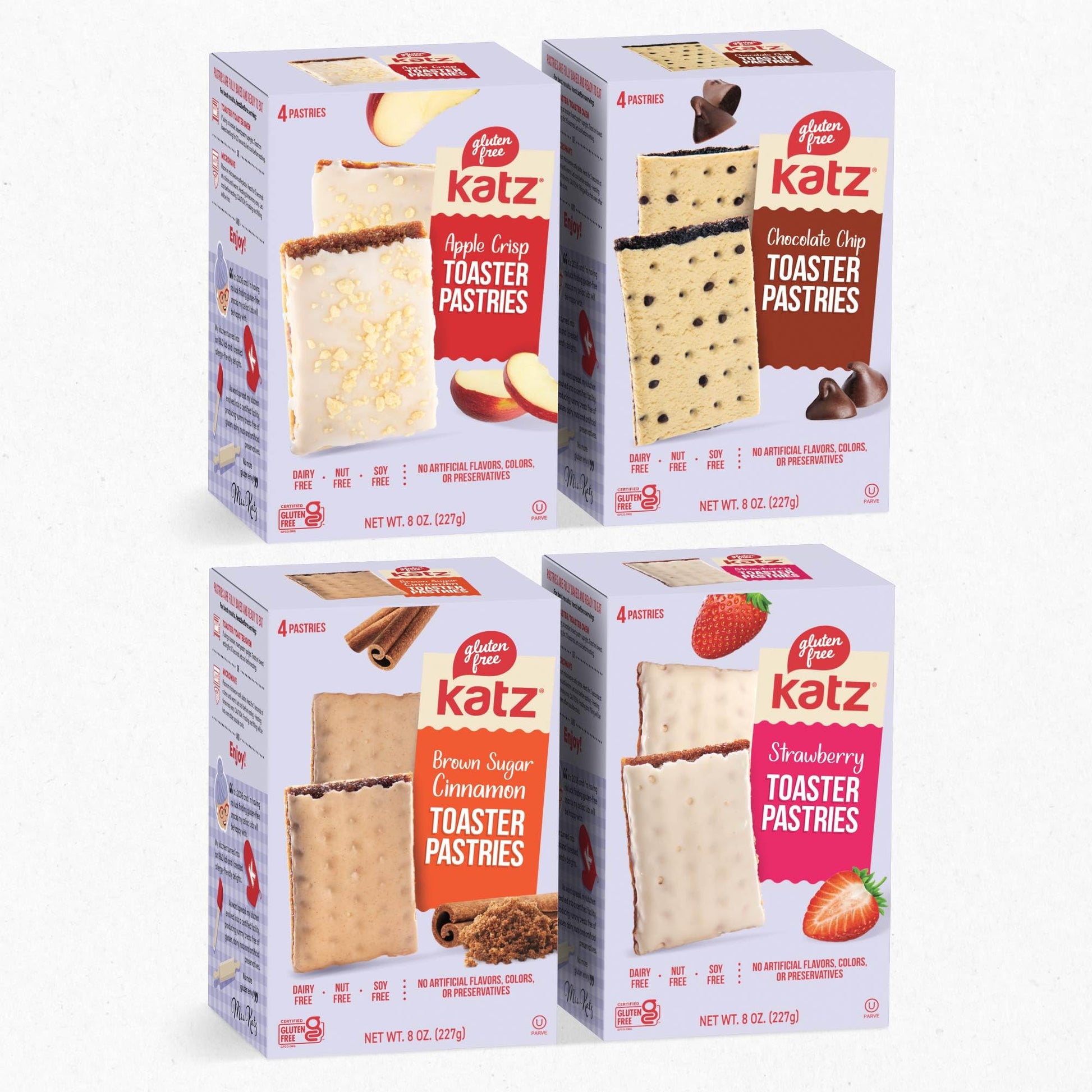 Katz Gluten Free Toaster Pastries Variety Pack, 4 Flavors: Apple Crisp, Cinnamon, Chocolate Chip & Strawberry, 8oz (Pack of 4)