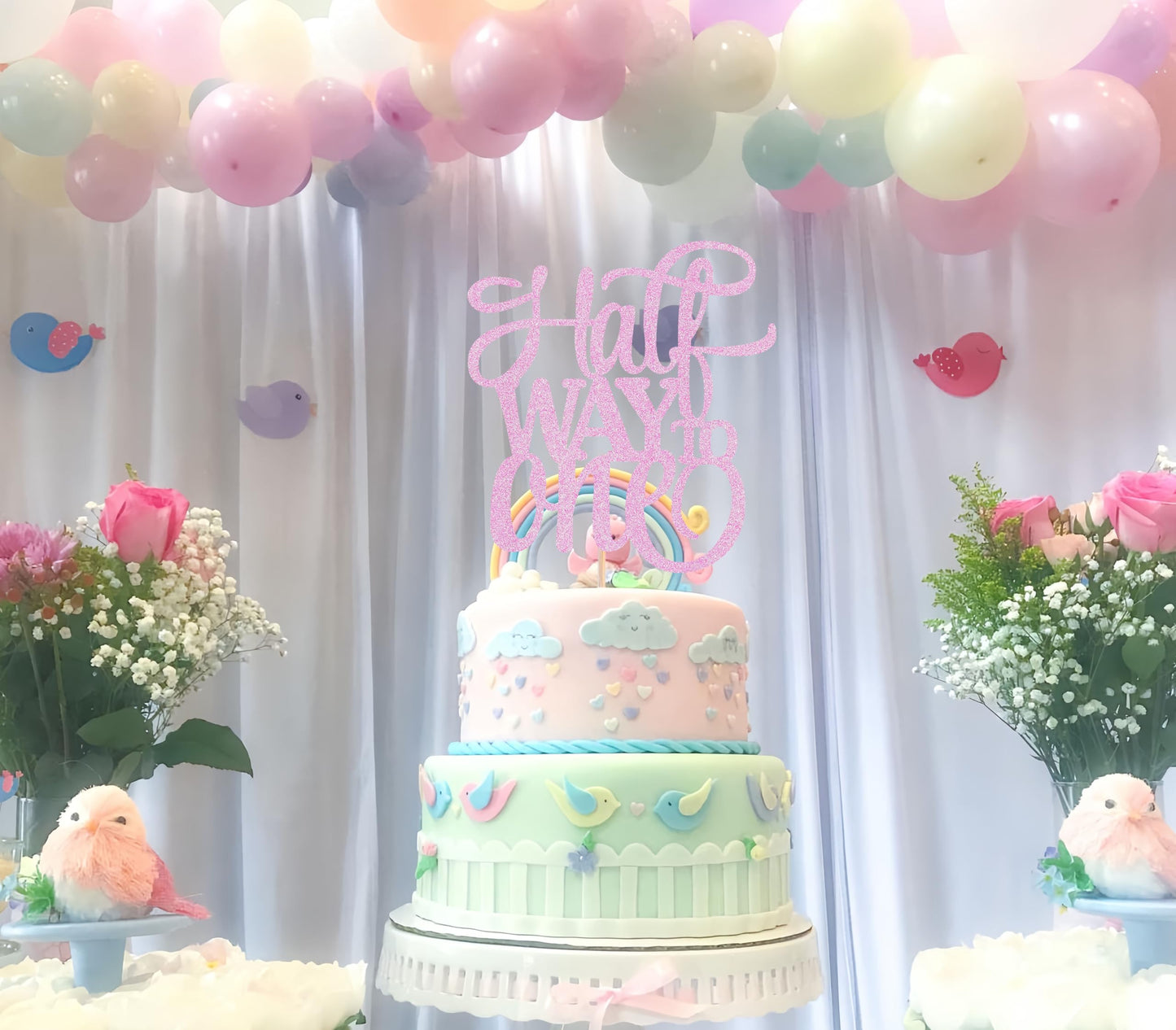 Ahaoray Half Way To One Cake Topper - Pink Glitter 6 Months Birthday Decorations Supplies - Half Birthday Decorations Baby Girl,