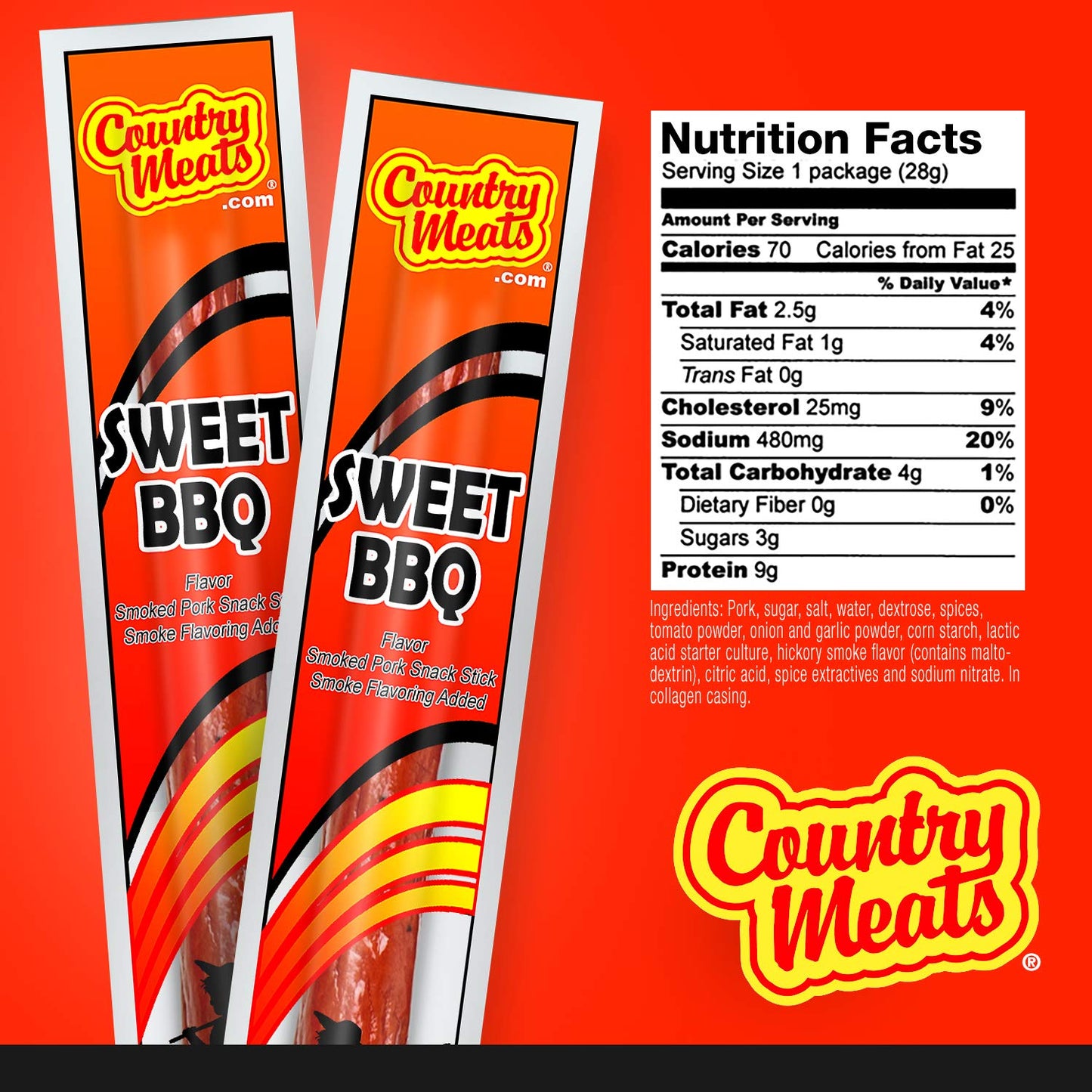 Country Meats, Meat Sticks, 0 Trans Fat, Usda Certified, Good Source Of Protein, Carb Conscious Snack (10 Meat Sticks, Sweet Bbq
