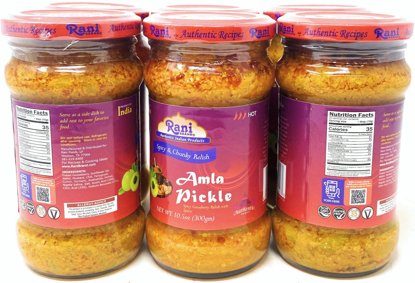 Rani Amla Pickle (Spicy Gooseberry Relish With Spices) 10.5Oz (300G) Glass Jar, Pack Of 5+1 Free ~ Vegan | Gluten Free | Non-Gmo