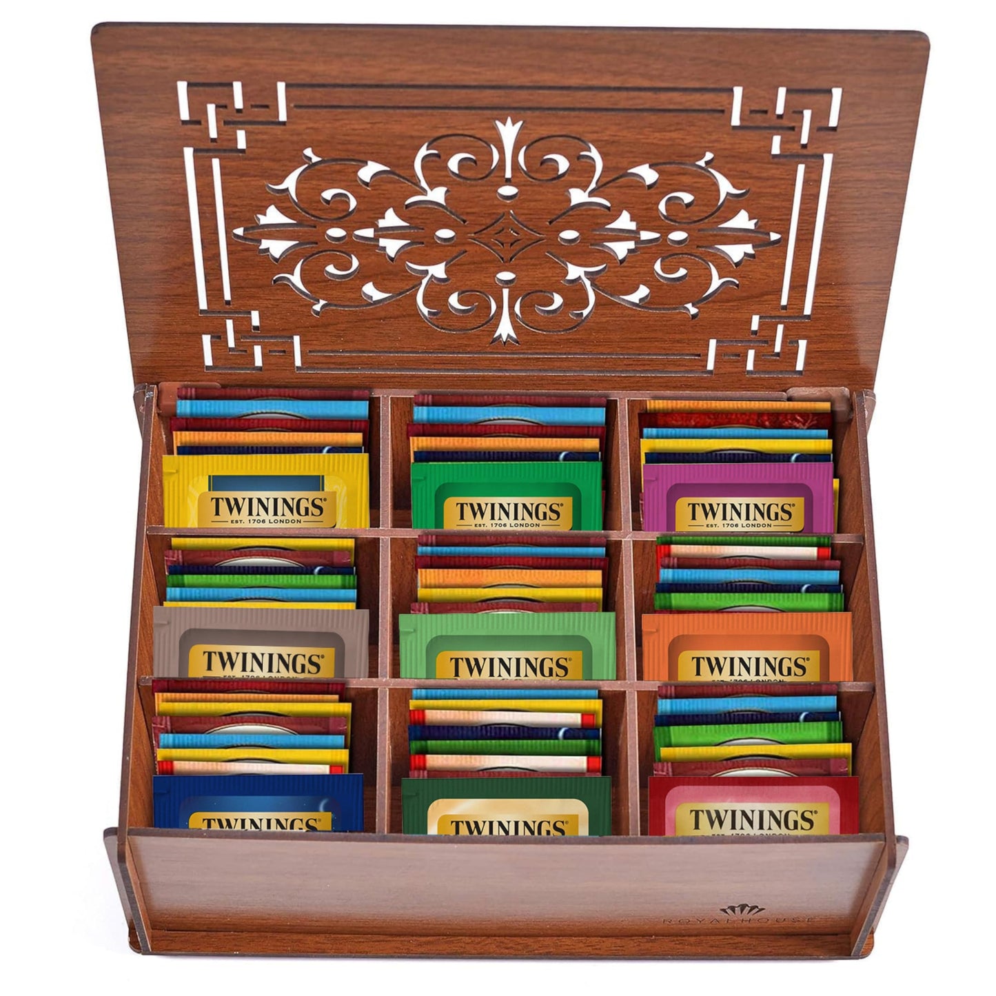 Twinings Tea Sampler Collection - 80 Tea Bags  22 Flavours/Assorted Tea  Gift Set In Decorative Mdf Box - Wooden Organizer Tea Chest Included - Ideal For Home  Office  Family & Friends (Brown Mdf Box)
