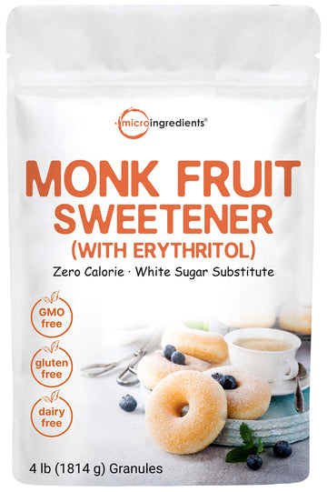 Monk Fruit Sweetener With Erythritol Granules, 4 Pounds, No After Taste, 1:1 White Sugar Substitute, Keto Diet Friendly, Zero Ca