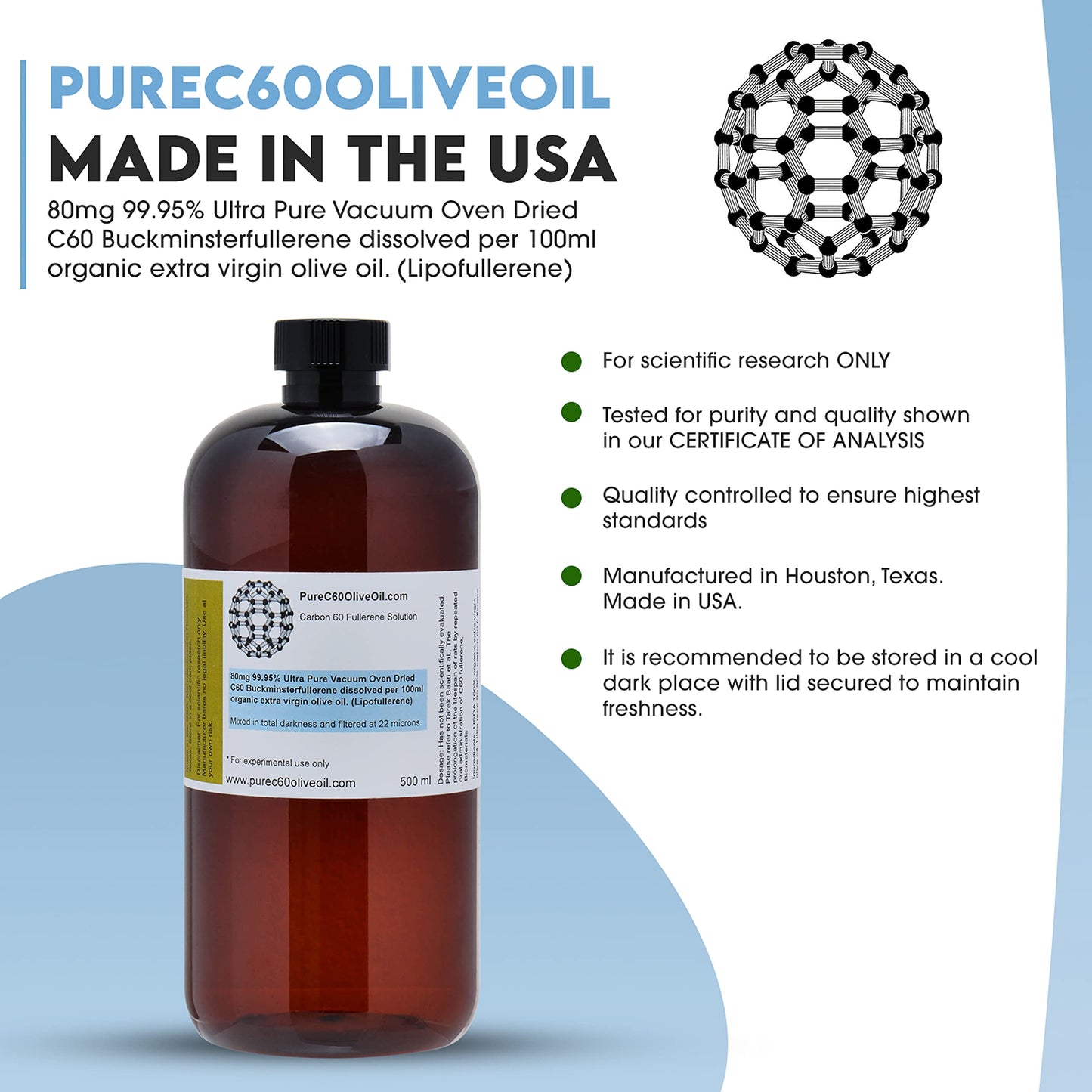 PureC60OliveOil C60 Organic Olive Oil 500ml / 16.9 Fl Oz - 99.95% Carbon 60 Solvent Free 400mg - Food Grade - BUCKMINSTERFULLERE