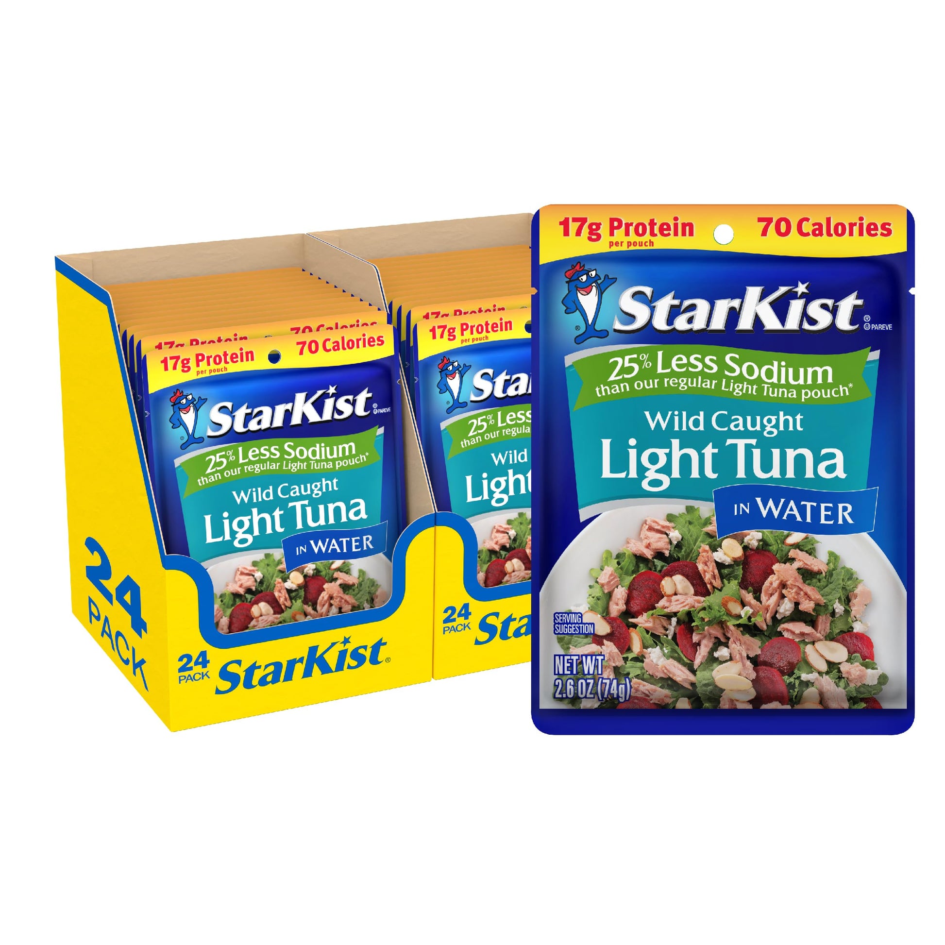 StarKist Reduced Sodium Chunk Light Tuna in Water, 2.6 oz Pouch (24 Pack) Ready to Eat Wild Caught Tuna, 17g Protein, Gluten Fre