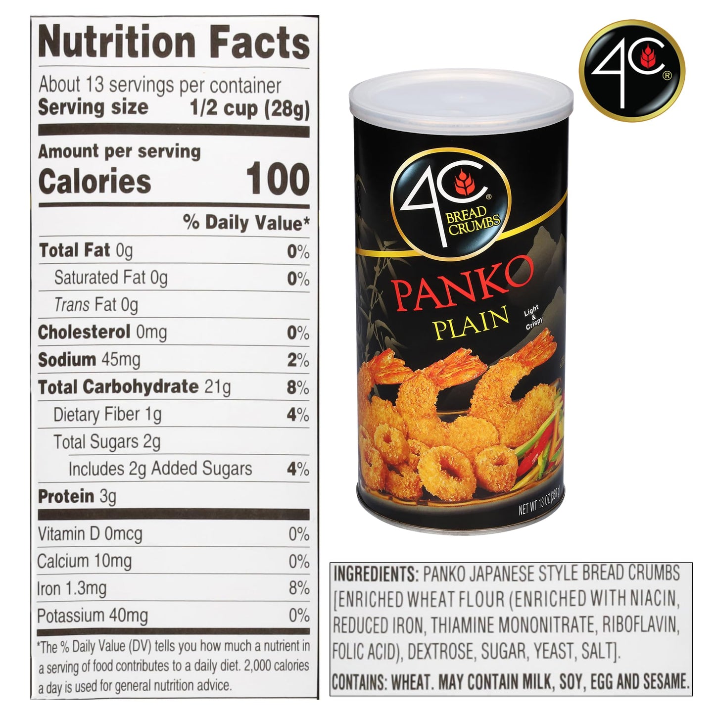 4C Premium Bread Crumbs, Panko Plain, Regular & Gluten Free, Flavorful Crispy Crunchy, Value Pack (Panko Plain, 13 Ounce (Pack o