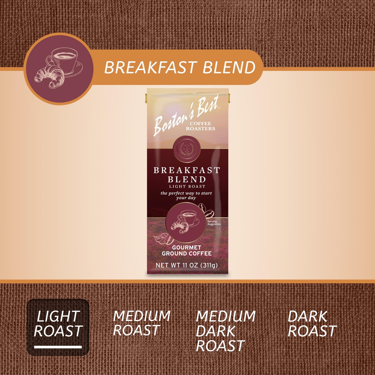 Bostons Best Coffee - Smooth Light-Roast Breakfast Blend Gourmet Coffee, Premium Ground Coffee, 11 Oz. / 311 G Coffee Bag