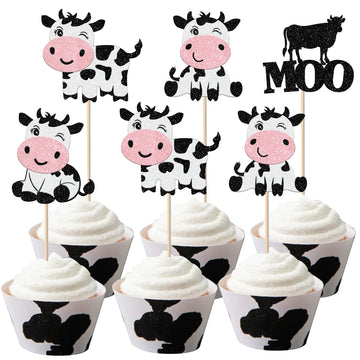24 PCS Cow Cupcake Toppers Glitter Farm Animals Moo Cupcake Picks Cow Cupcake Decorations for Cow Theme Baby Shower Kids Birthda