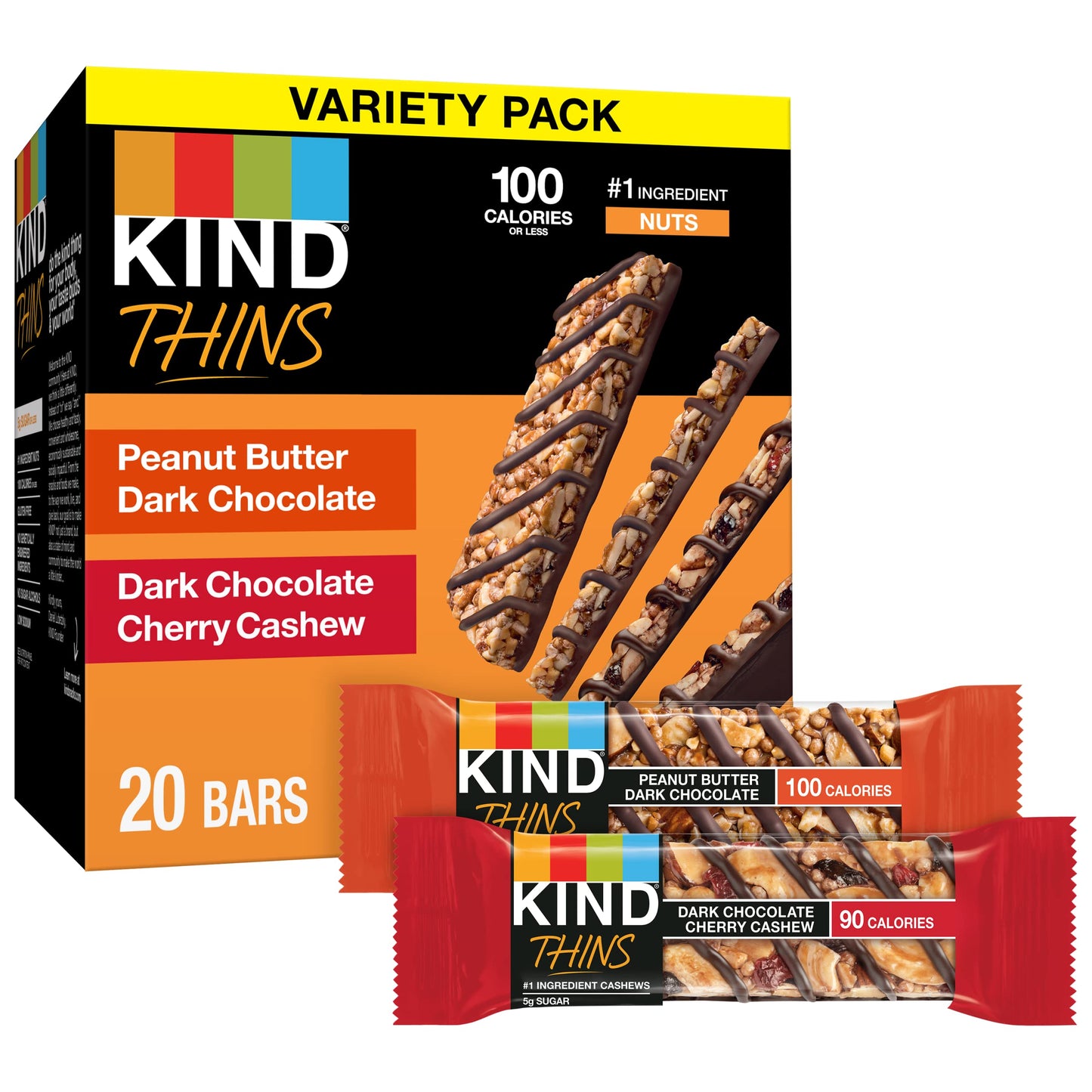 Kind Thins Snack Bars  2 Flavor Variety Pack  Gluten Free  100 Calorie  60 Count  Peanut Butter Dark Chocolate & Dark Chocolate Cherry Cashew
