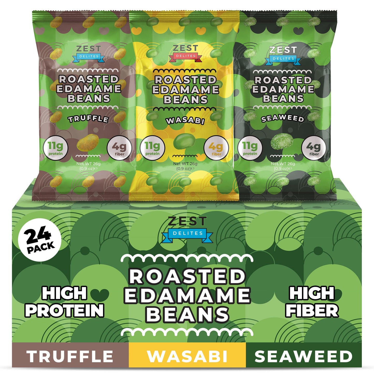 Crunchy Dry Roasted Edamame Beans Snack by Zest Delites, Truffle - Seaweed - Wasabi, Vegan, Low Calorie (120cal) High Protein Sn