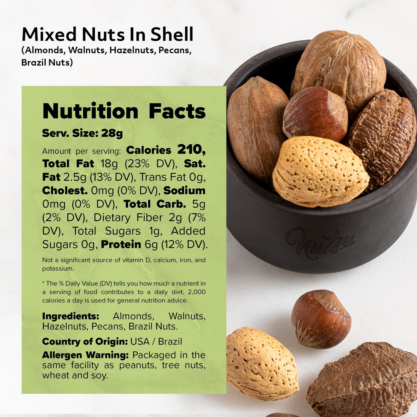 NUTS - U.S. Mixed Nuts In Shell, Almonds, Walnuts, Hazelnuts, Pecans, Brazil Nuts, 2 lbs, No Added Colors, Resealable Bag