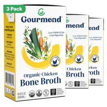 Organic Unsalted 16.9Oz Chicken Bone Broth (3 Pack) - 7 Ingredients, Low Fodmap Certified, Filler Free, Gluten Free, Onion & Gar