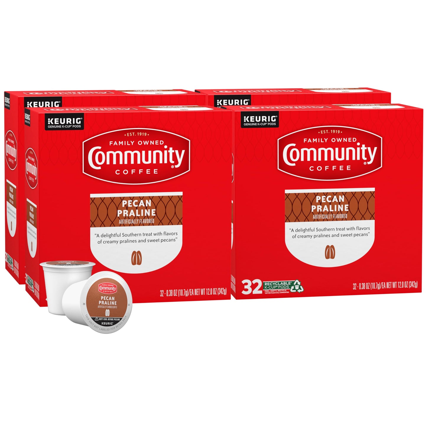 Community Coffee Pecan Praline Flavored, Medium-Dark Roast, Single-Serve Keurig K-Cup Pods, 32 Count (Pack Of 4)