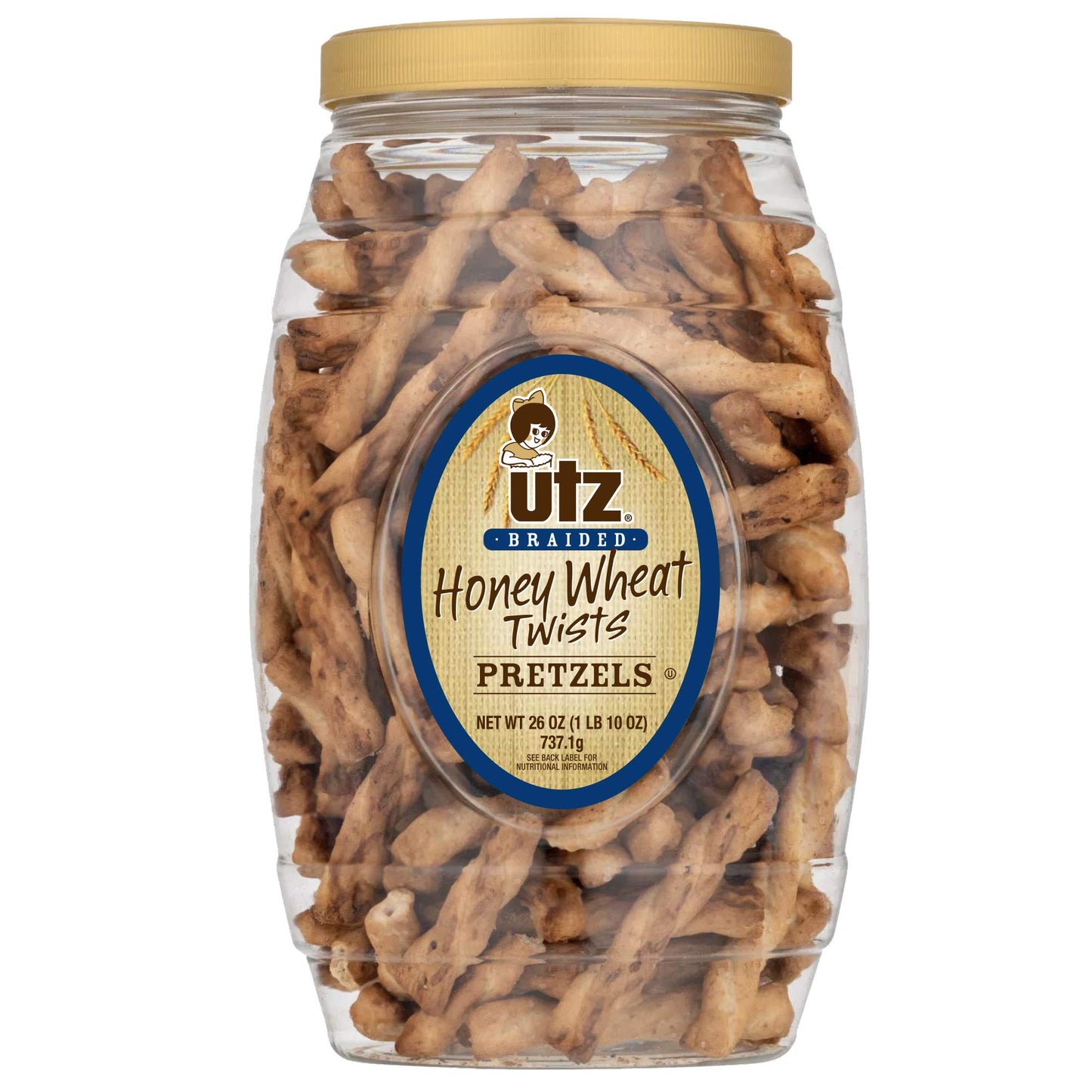 Utz Honey Wheat Braided Pretzel Twists, 26 oz Barrel, Crunchy Snack, Zero Cholesterol, Brown