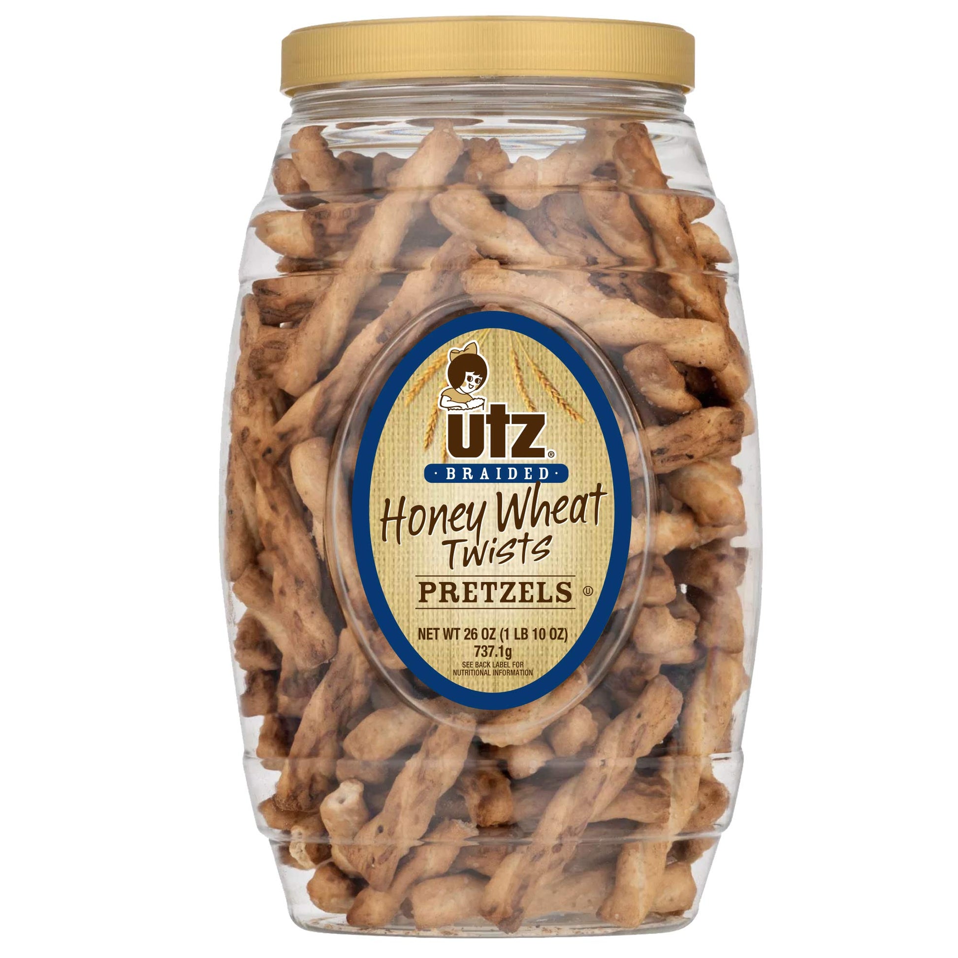 Utz Honey Wheat Braided Pretzel Twists, 26 oz Barrel, Crunchy Snack, Zero Cholesterol, Brown