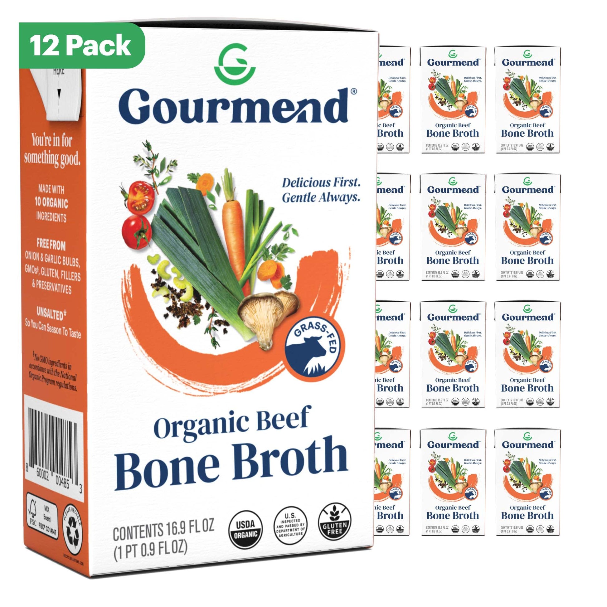 Organic Unsalted 16.9oz Beef Bone Broth from Gourmend Foods (12 Pack) - Just 10 Ingredients, Low FODMAP Certified, Filler Free, 