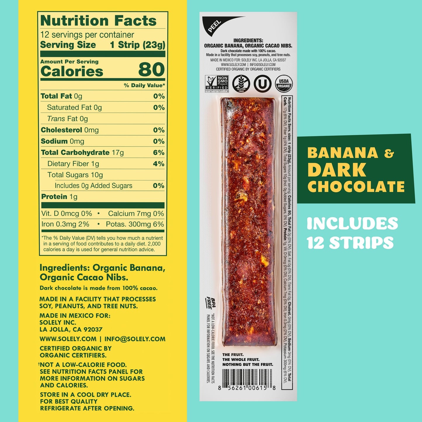 SOLELY - Organic Banana Chocolate Drizzled Fruit Jerky - 12 Individually Wrapped Strips - Fruit Leather Made from Dried Fruit -