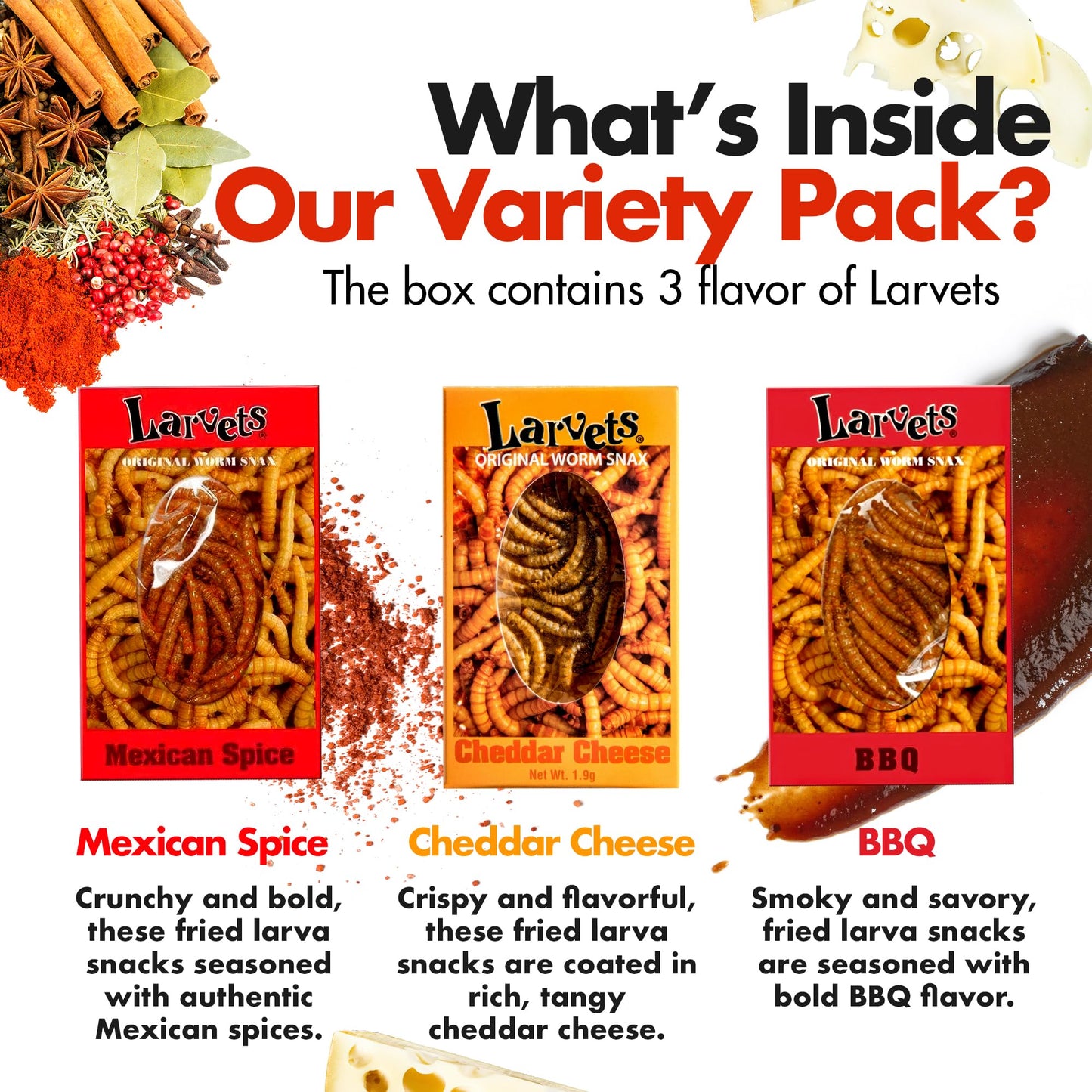 Hotlix Larvets Edible Bugs (3-Pack), Real Flavored Edible Larvae In Cheddar Cheese, Bbq, Mexican Cheese, Exotic Snacks, Edible I