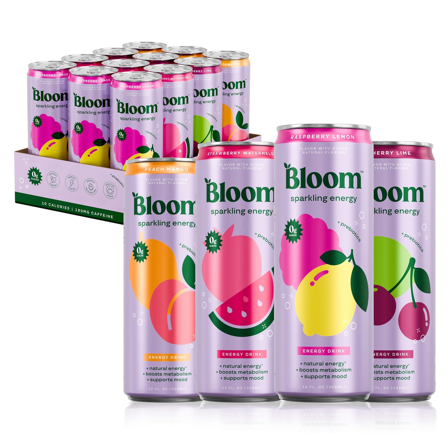 Bloom Nutrition Sparkling Energy Drink Variety Pack - Natural Caffeine, Zero Sugar, 180mg Caffeine - 12oz, Pack of 12