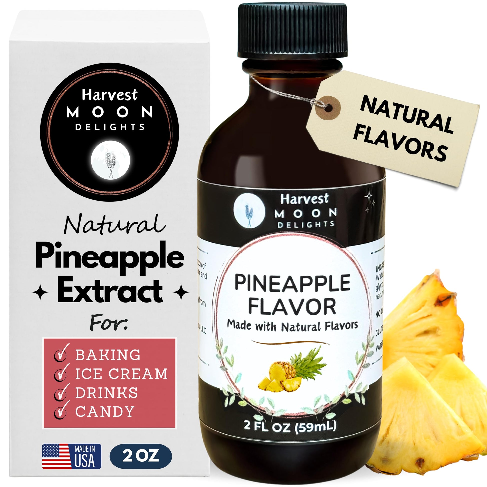 Natural Pineapple Extract - 2 Oz - Water-Soluble - By Harvest Moon Delights - Pineapple Extract For Baking  Ice Cream  Drinks  And Candy - Flavoring  Flavor  Sugar-Free 