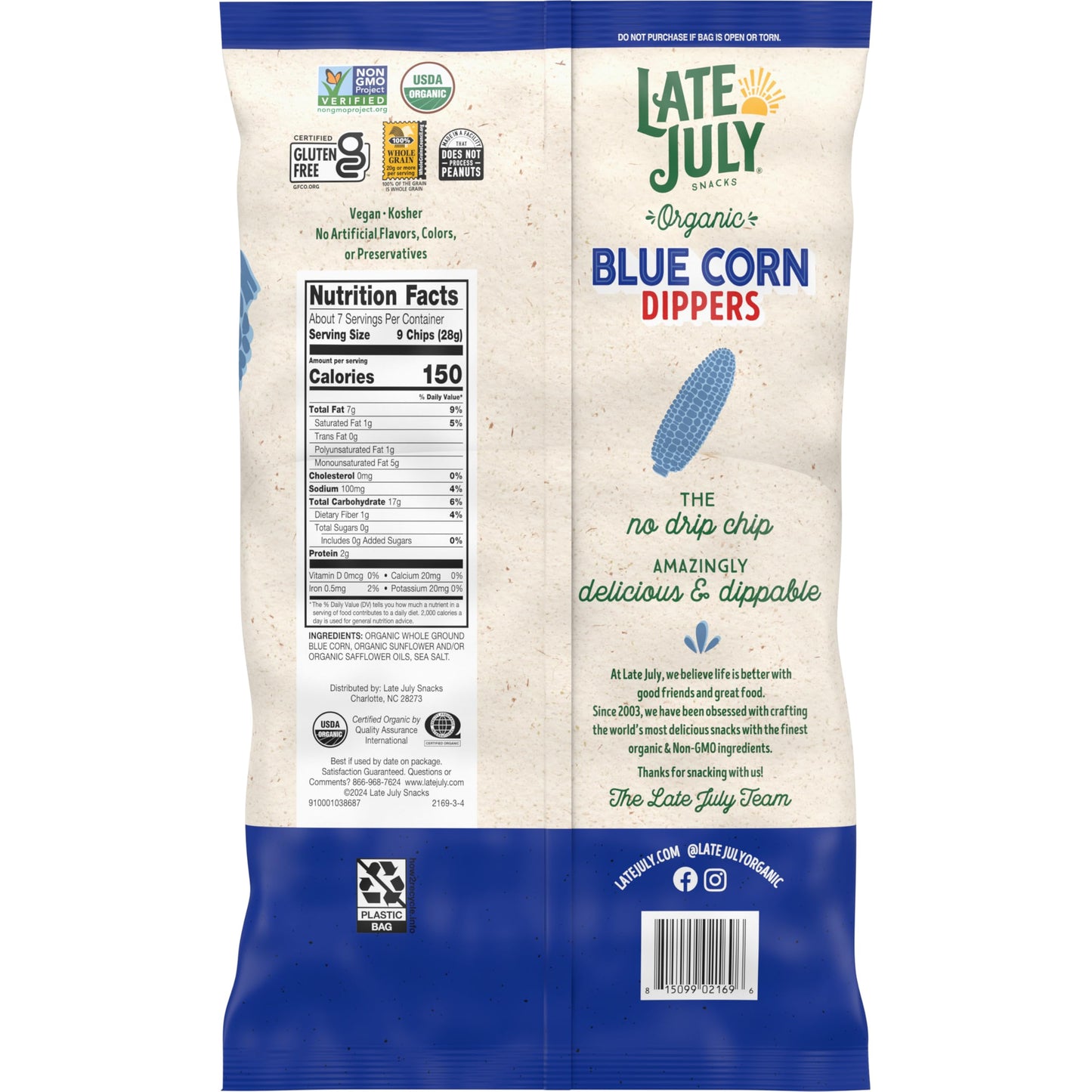 Late July Organic Blue Corn Tortilla Chips, 7.4 oz Bag, Model 200790114433
