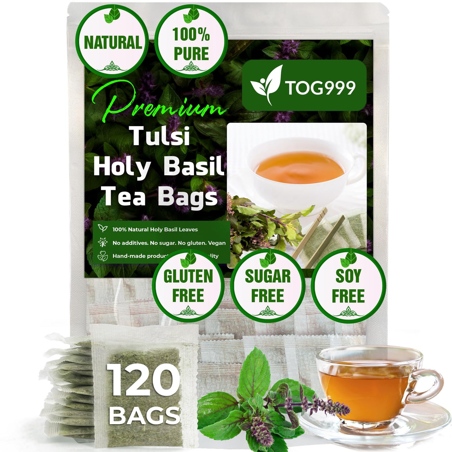 TOG999 Holy Basil Leaf Tea Bags, 100% Natural Herbal Tea, Vegan, 120 Bags