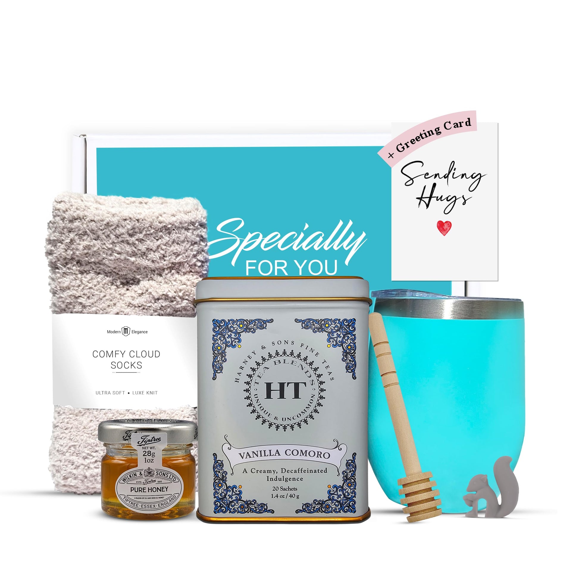 Modern Elegance Tea Gift Set for Women - Includes Cozy Socks, Stainless Tumbler, 20 Tea Sachets, Honey Jar & Sending Hugs Card