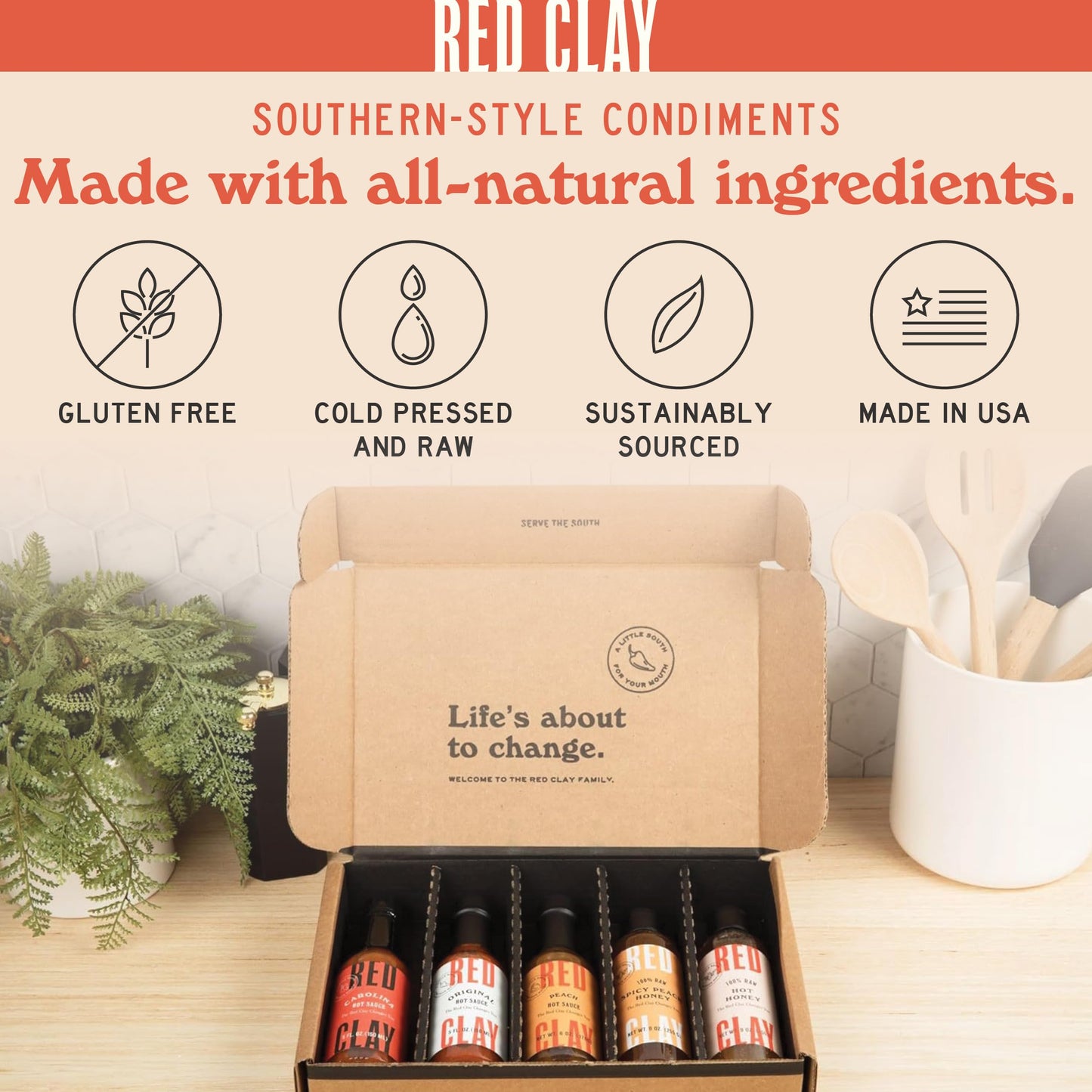 Red Clay Hot Sauce & Hot Honey, Whole Shebang Variety Pack (Original, Carolina Hot, Verde, Hot Honey And Southern Honey); Cold-Pressed, Fermented And Barrel-Aged Hot Sauces; 100% Raw Honey, 5 Count