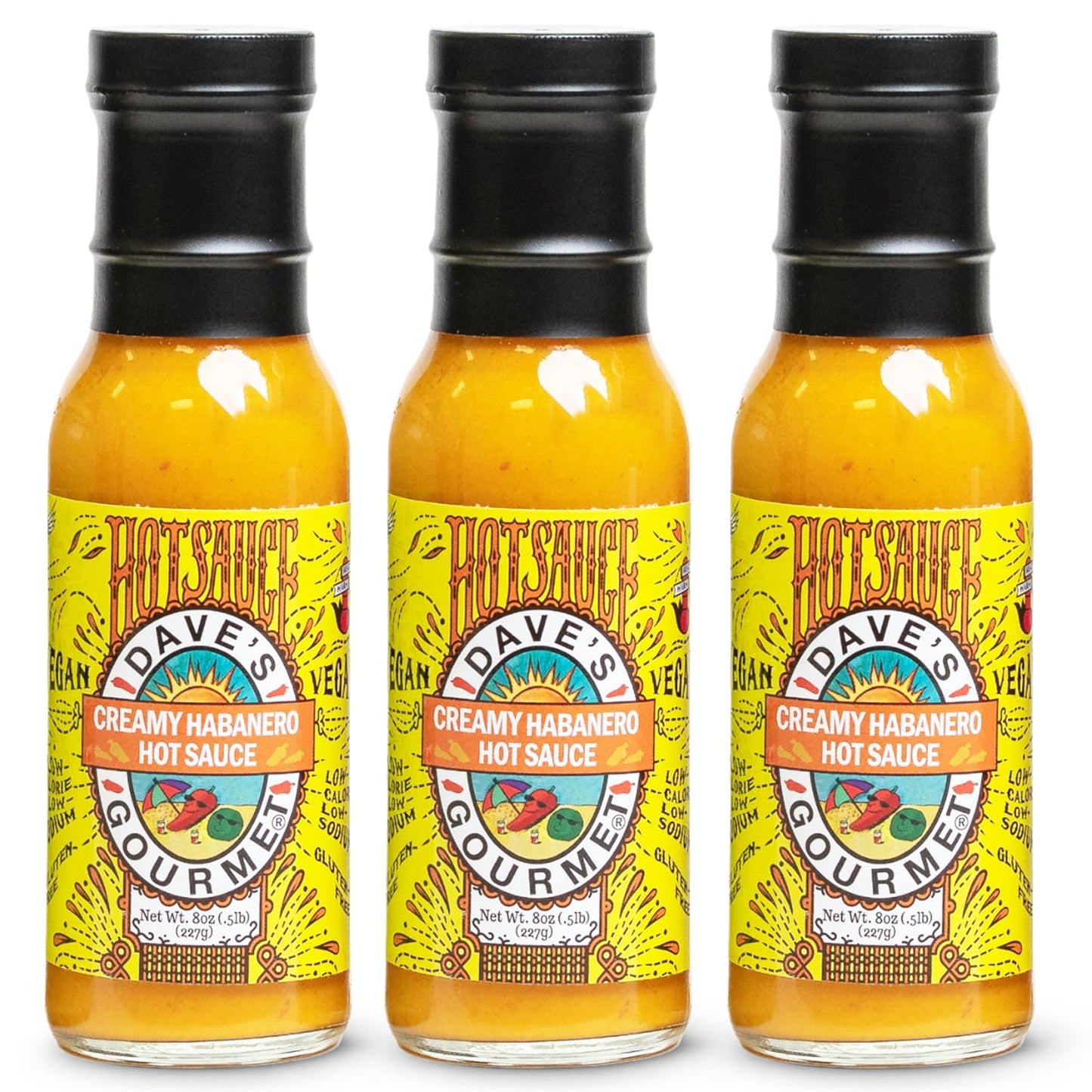 DaveS Gourmet Creamy Habanero Hot Sauce - Moderately Spicy Creamy Texture - Hot Sauce For Tacos  Grilled Meats  And Dips - Habanero Sauce With Red Jalapeo And Lime Juice - 8Oz Bottles (Pack Of 3)