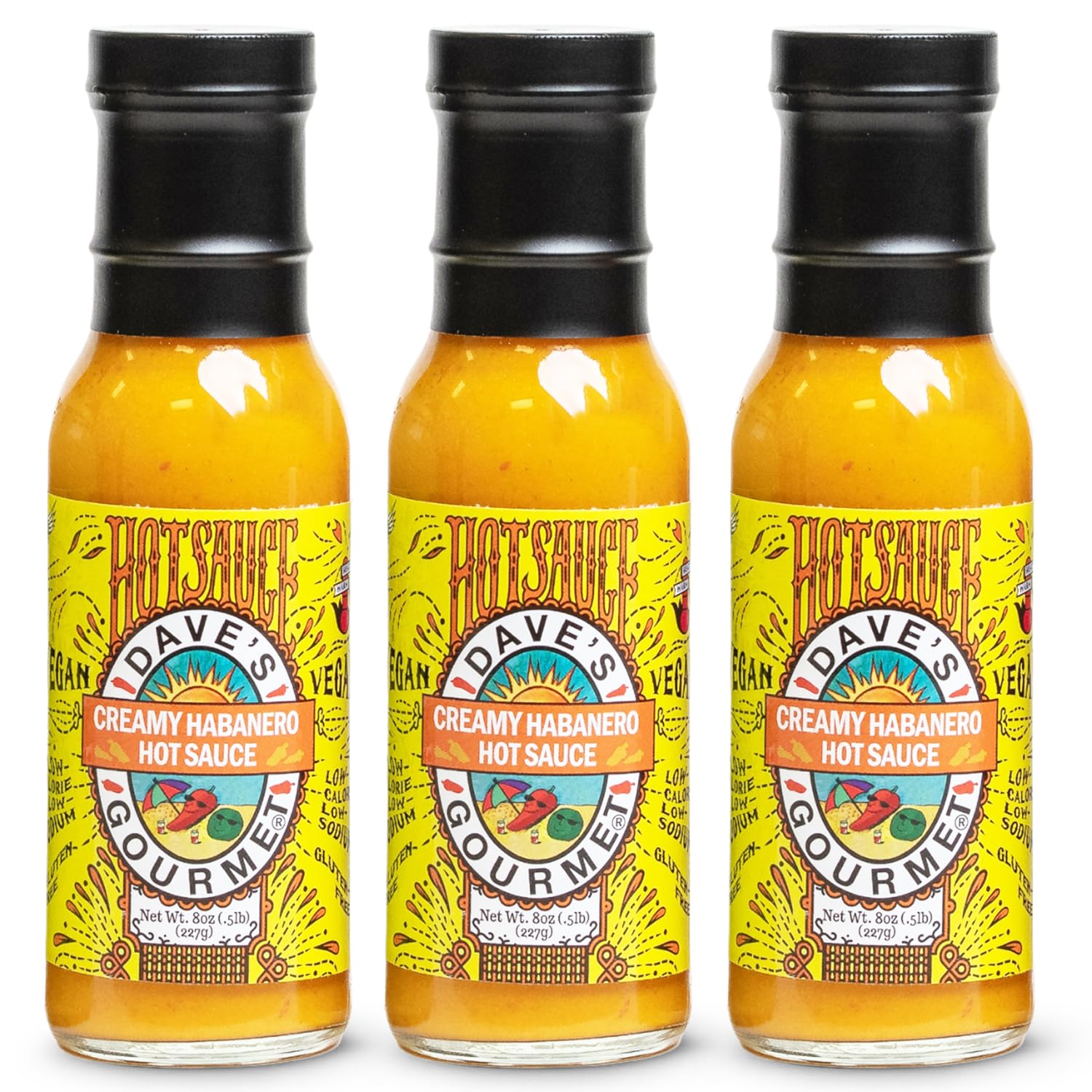 DaveS Gourmet Creamy Habanero Hot Sauce - Moderately Spicy Creamy Texture - Hot Sauce For Tacos  Grilled Meats  And Dips - Habanero Sauce With Red Jalapeo And Lime Juice - 8Oz Bottles (Pack Of 3)