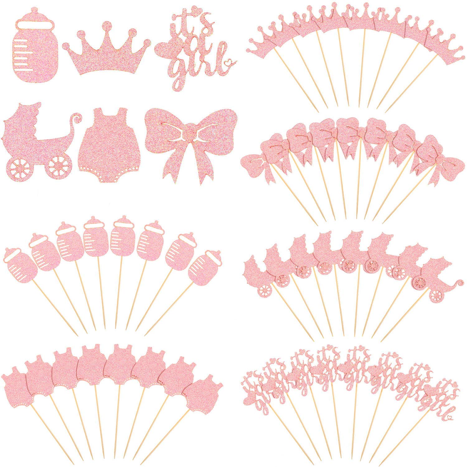 48 Pieces Baby Shower Cupcake Toppers For Girls Glitter Pink Baby Girl Food Picks Baby Shower Toothpicks For Girls Birthday Cake