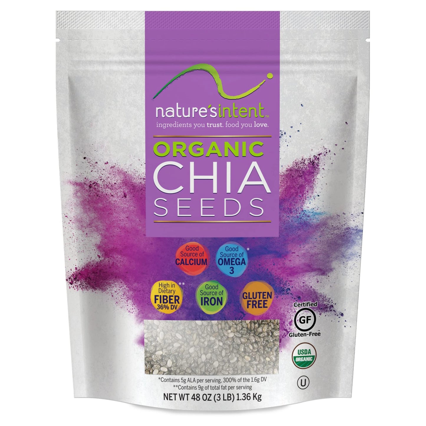Natures Intent Organic Chia Seeds - 3lb Bag - USDA Organic, Non-GMO, Vegan, Gluten-Free, Kosher, Keto & Paleo - Good Source of 