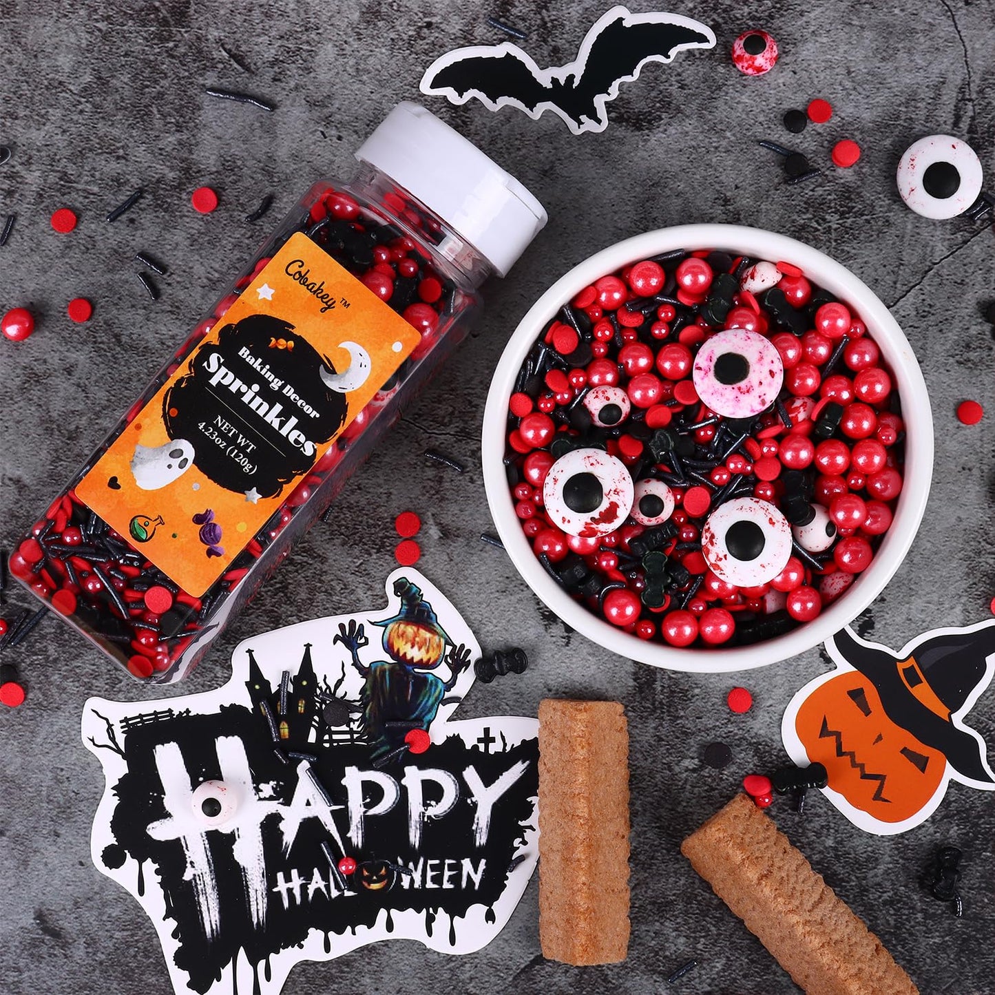 Halloween Sprinkles For Cake Decorating, Black & Red Pearl Sprinkles With Black Bats & Eyeball Candy, Perfect For Halloween Dess