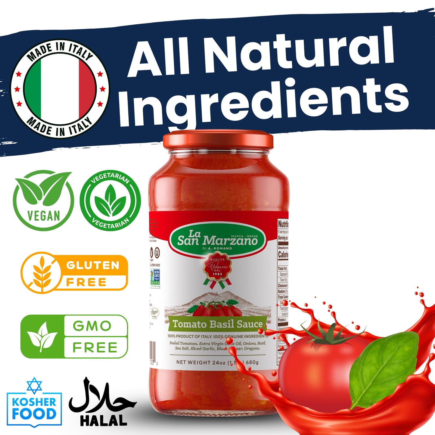 La San Marzano Tomato Basil Sauce, 24 Oz, Pasta Sauce Made In Italy, All Purpose Tomato Enhanced Quality, All Natural, Mediterranean Diet, Non Gmo, Vegan, Gluten Free
