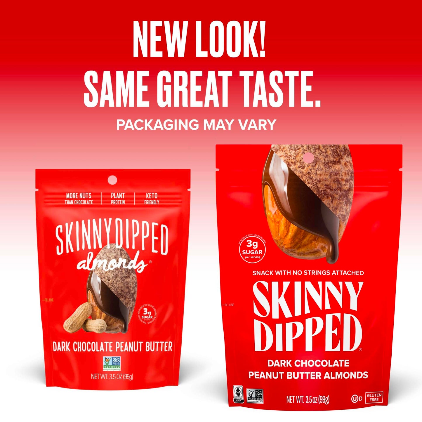 SkinnyDipped Dark Chocolate Peanut Butter Almonds, Healthy Snack, Plant Protein, Gluten Free, 3.5 oz Resealable Bags, (Pack of 5