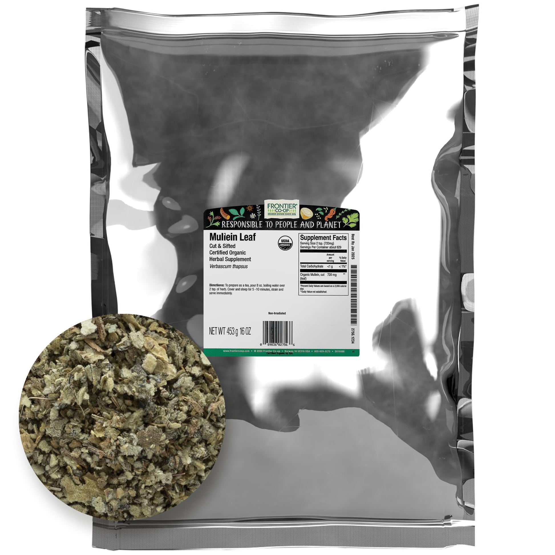 Frontier Co-Op Dried Mullein Leaf  Kosher | 16 Oz Bulk Bag | Mullein Loose Leaf  For Tea Bags  Mullein Gummies  Extract  Units - Verbascum Thapsus