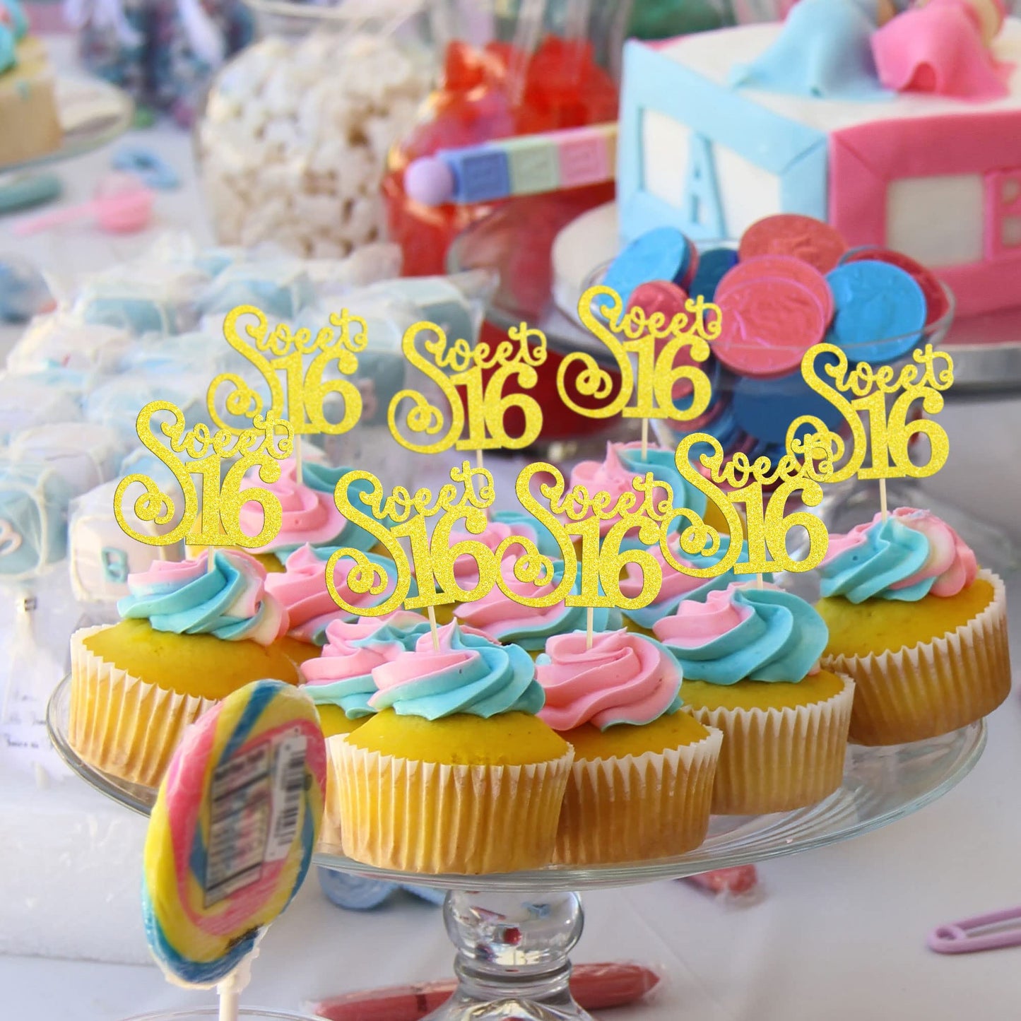 Gyufise 24 Pack Cupcake Toppers, Glitter Sixteen Happy Sweet 16 Decorations, Multi Gold, Model ZN0475-4-LG