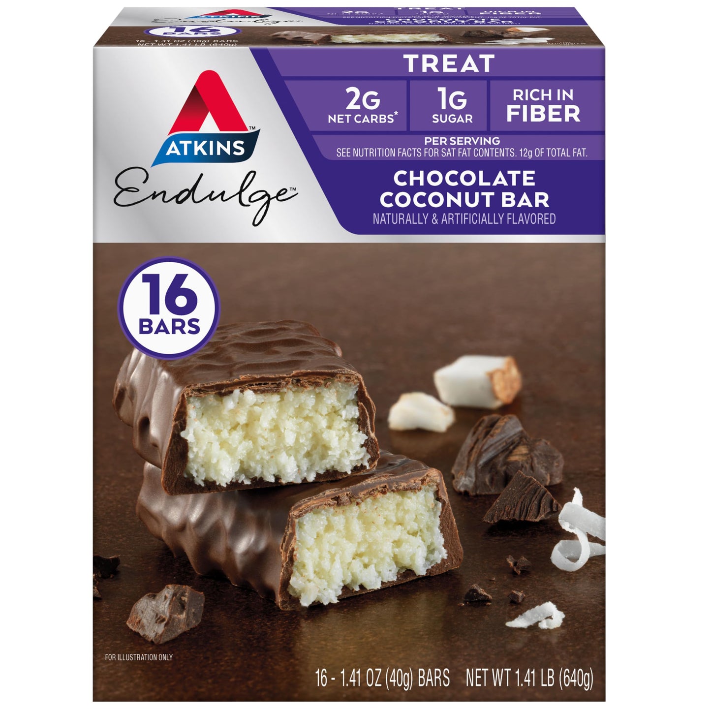 Atkins Endulge Chocolate Coconut Flavored Bar, Low Sugar Treat, High In Fiber, 16 Count