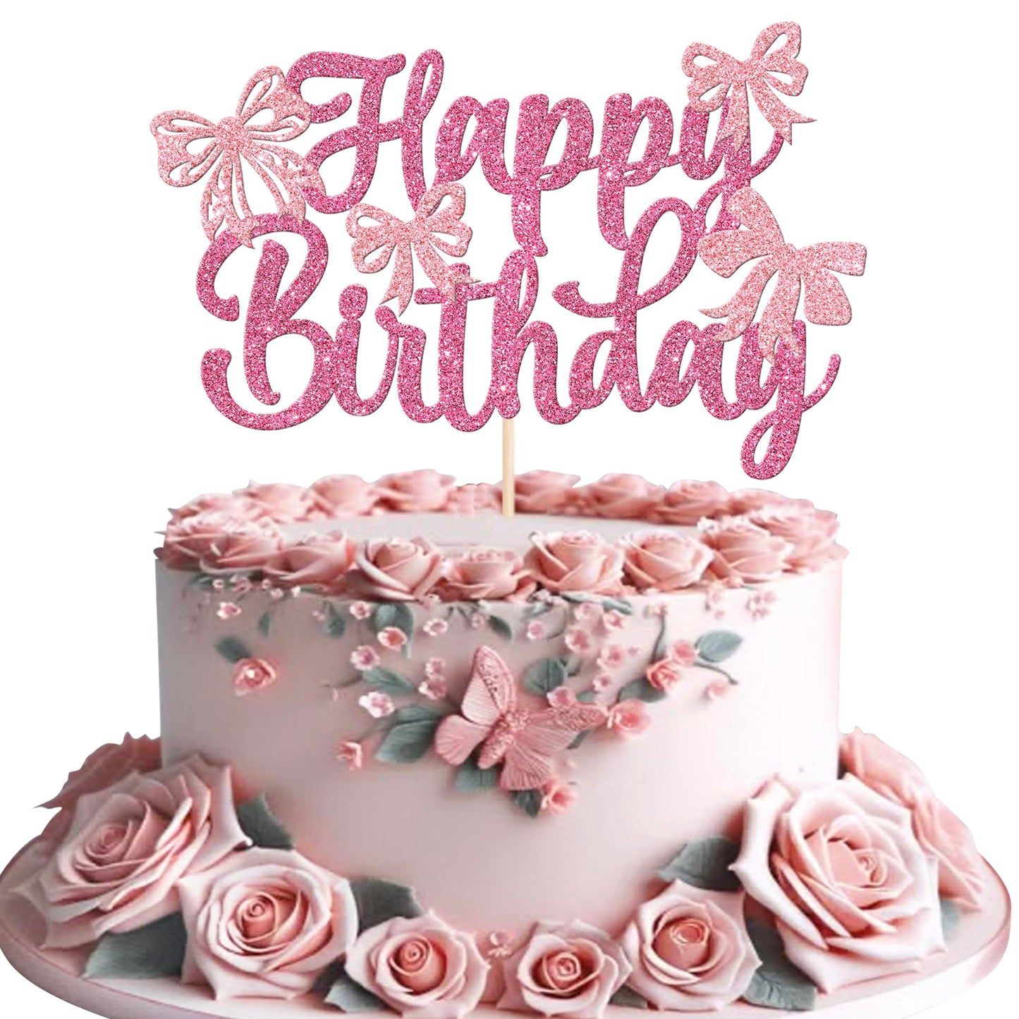 YCTHUNFISH Bowknot Cake Topper, Pink, Cardstock, 6.6x8.7 inches, Wedding, Bridal Shower, Birthday Party Decoration