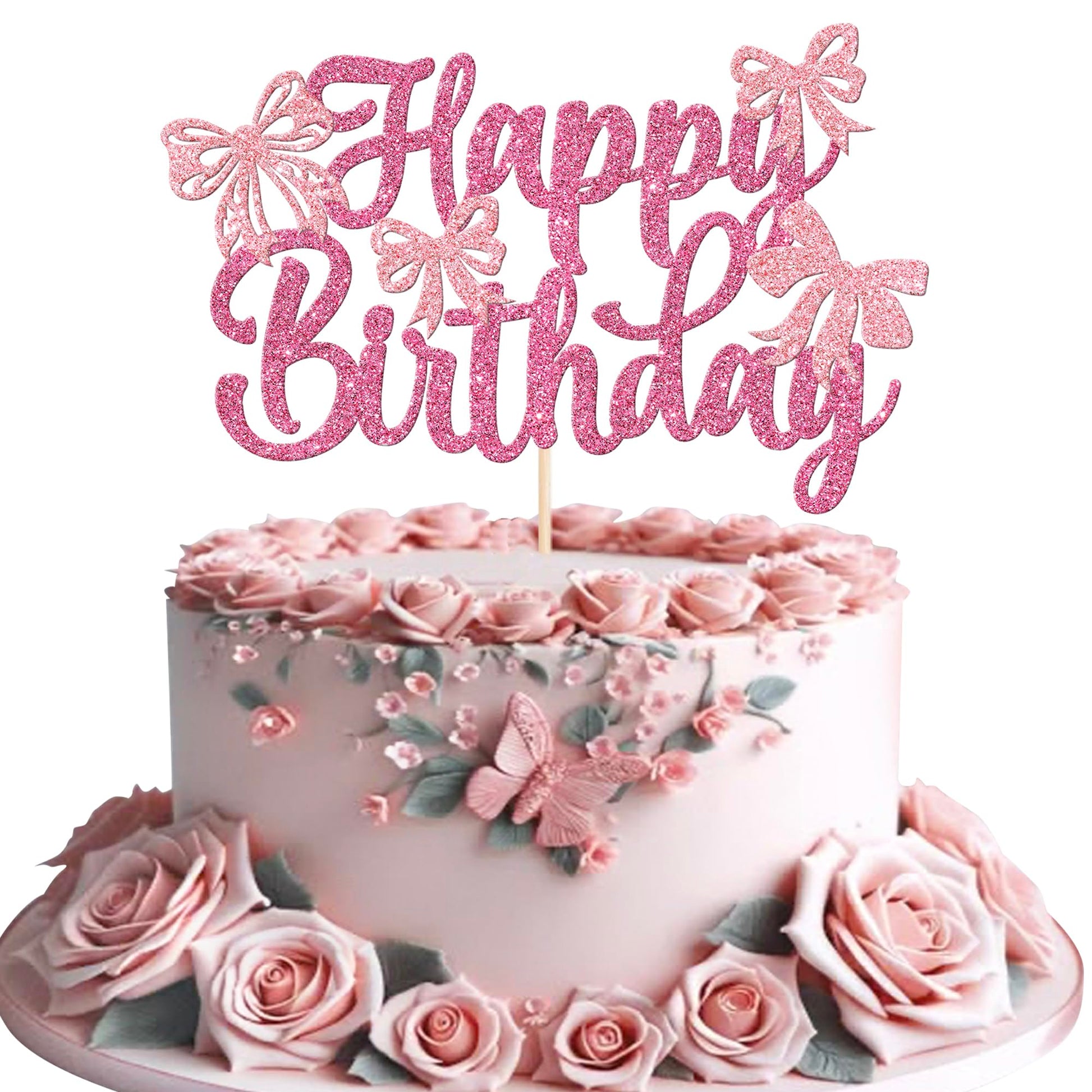 YCTHUNFISH Bowknot Cake Topper, Pink, Cardstock, 6.6x8.7 inches, Wedding, Bridal Shower, Birthday Party Decoration