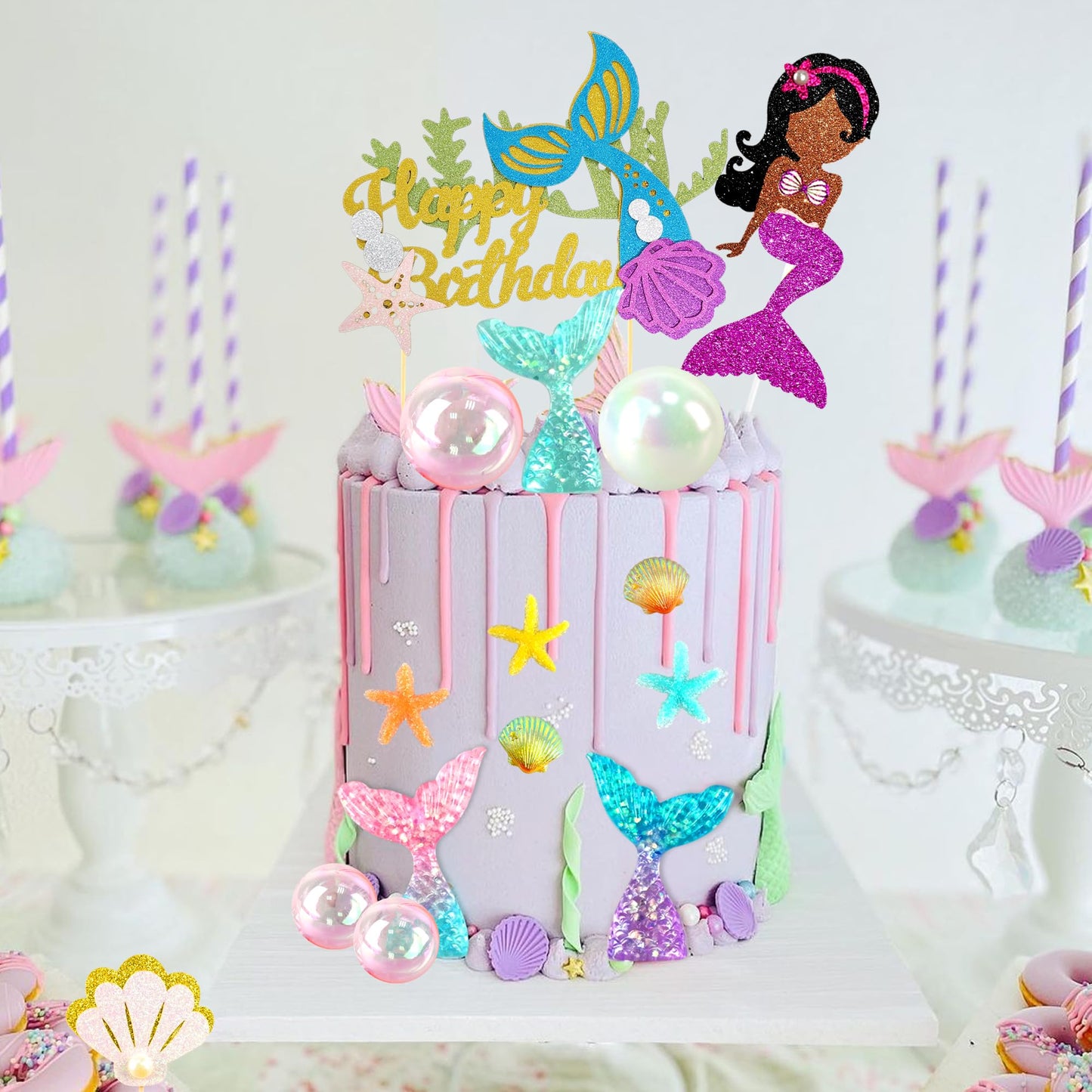 25 Pcs Glitter Mermaid Theme Birthday Cake Topper Under The Sea Party Supplies Cake Decoration Cupcake Toppers Mermaid Tail Star