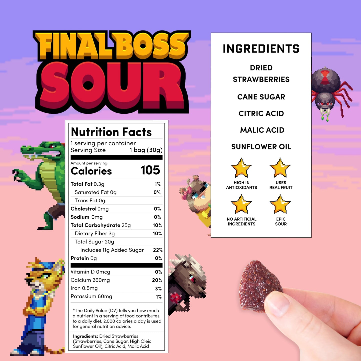 Final Boss Extremely Super Sour Candy, Natural Chewy Strawberry Gummies Made With Dried Fruit, Free Of Artificial Colors, Low Ca