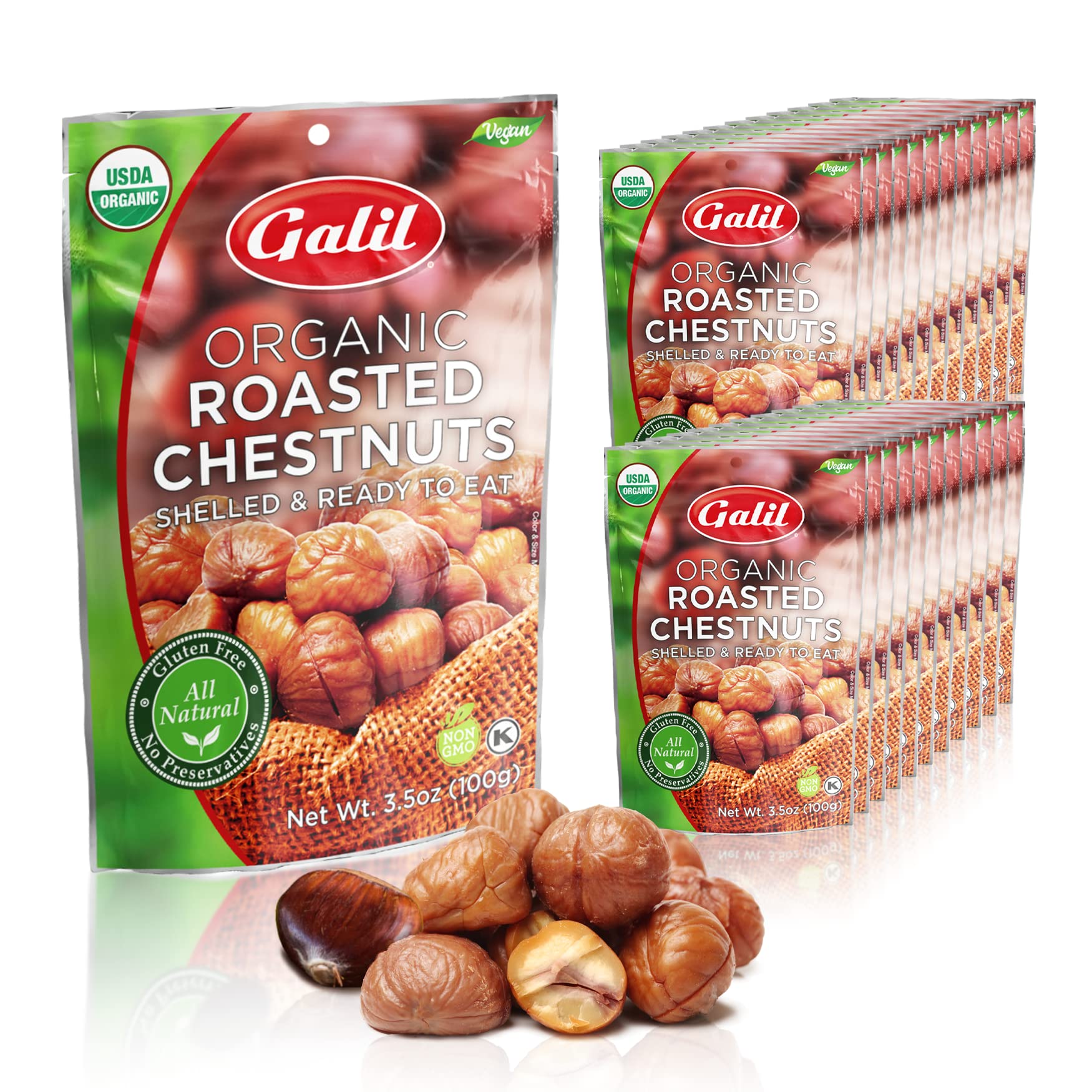 Galil Organic Roasted Chestnuts Pack of 24 Shelled & Ready to Eat Chestnuts - Gluten Free, Vegan, Organic, Non-GMO, Kosher Snack