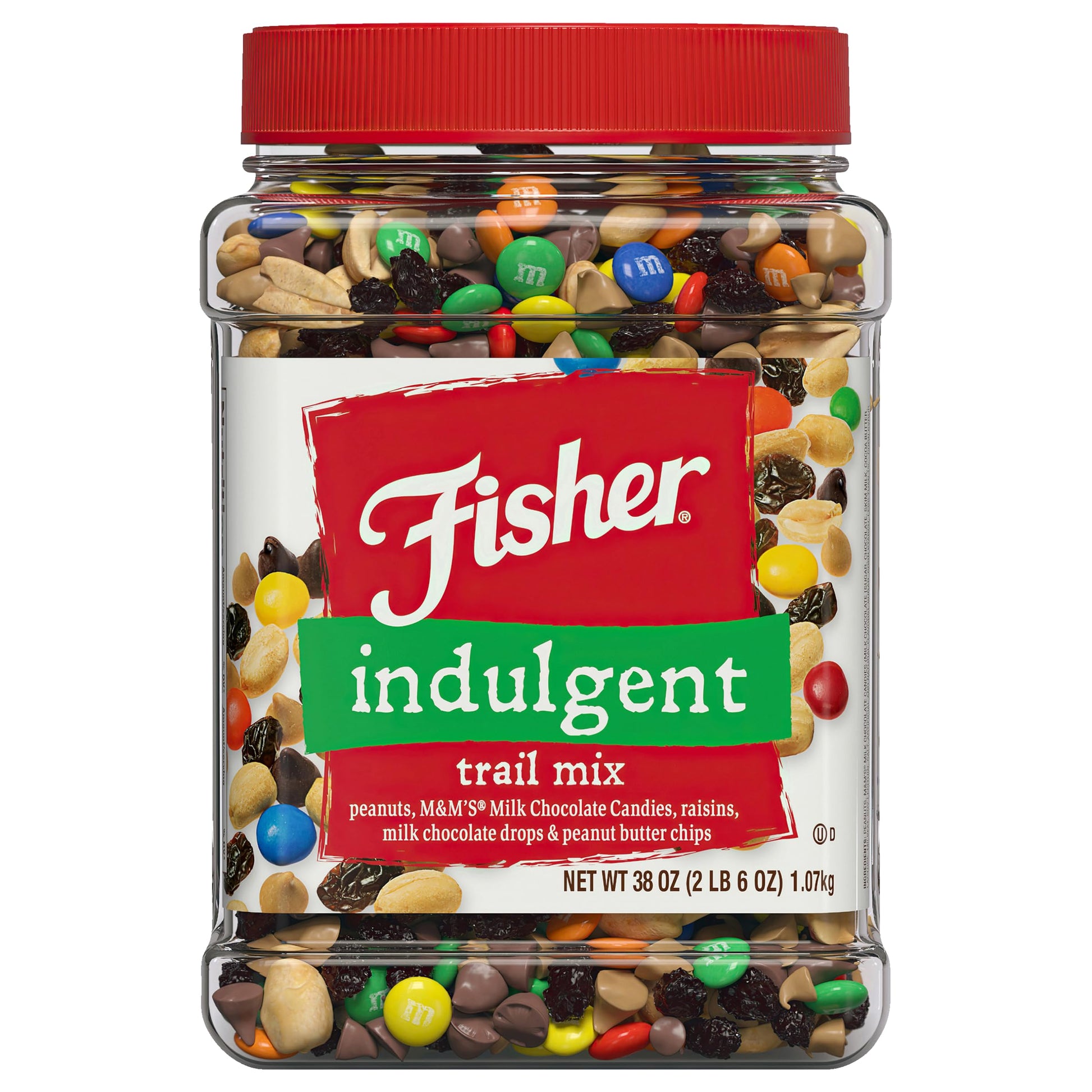 Fisher Snack Indulgent Trail Mix, 38 Ounces, Peanuts, Milk Chocolate Candies, Raisins, Milk Chocolate Drops, Peanut Butter Chips